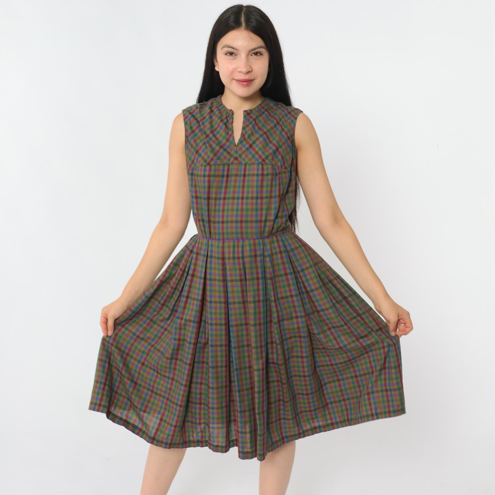 1960s Sue Brett Olive Gingham Sleeveless Midi Dress High Waist Pleated Extra Small
