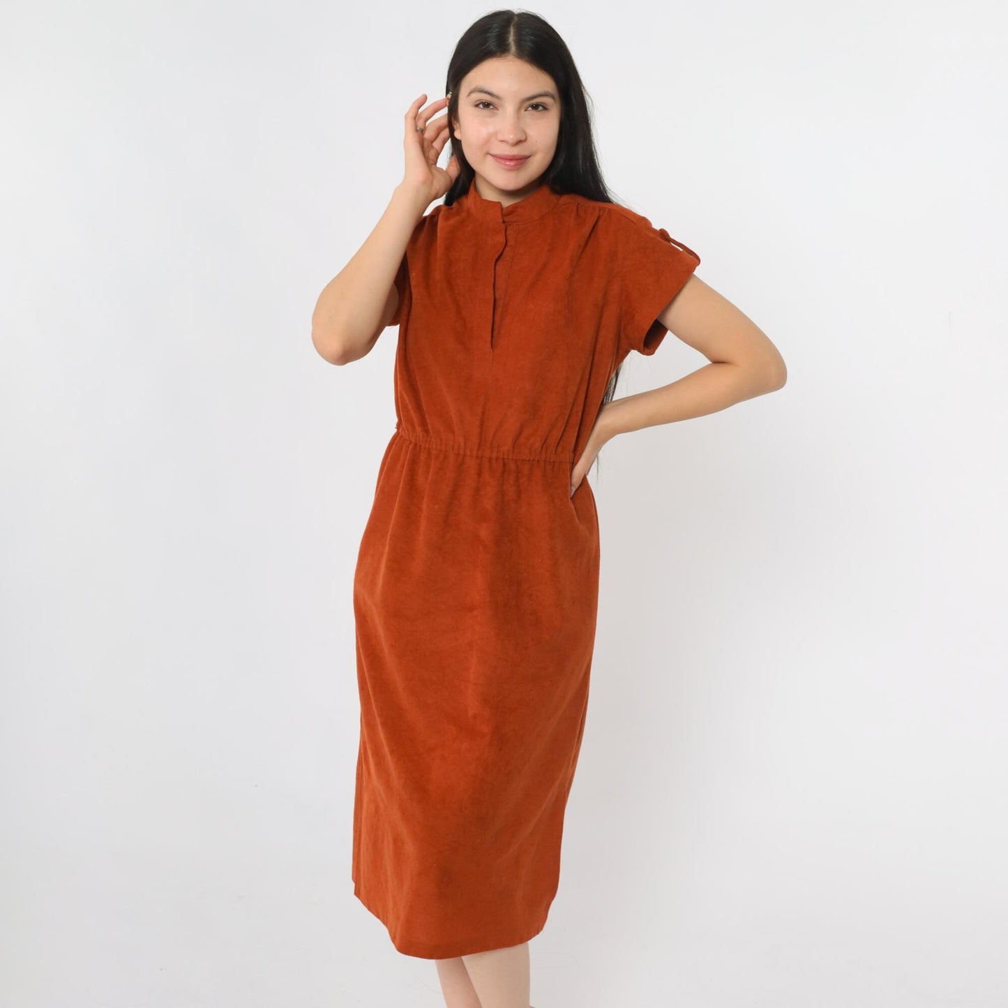 70s Rust Orange Velour Midi Dress High Waist Cap Sleeve Medium