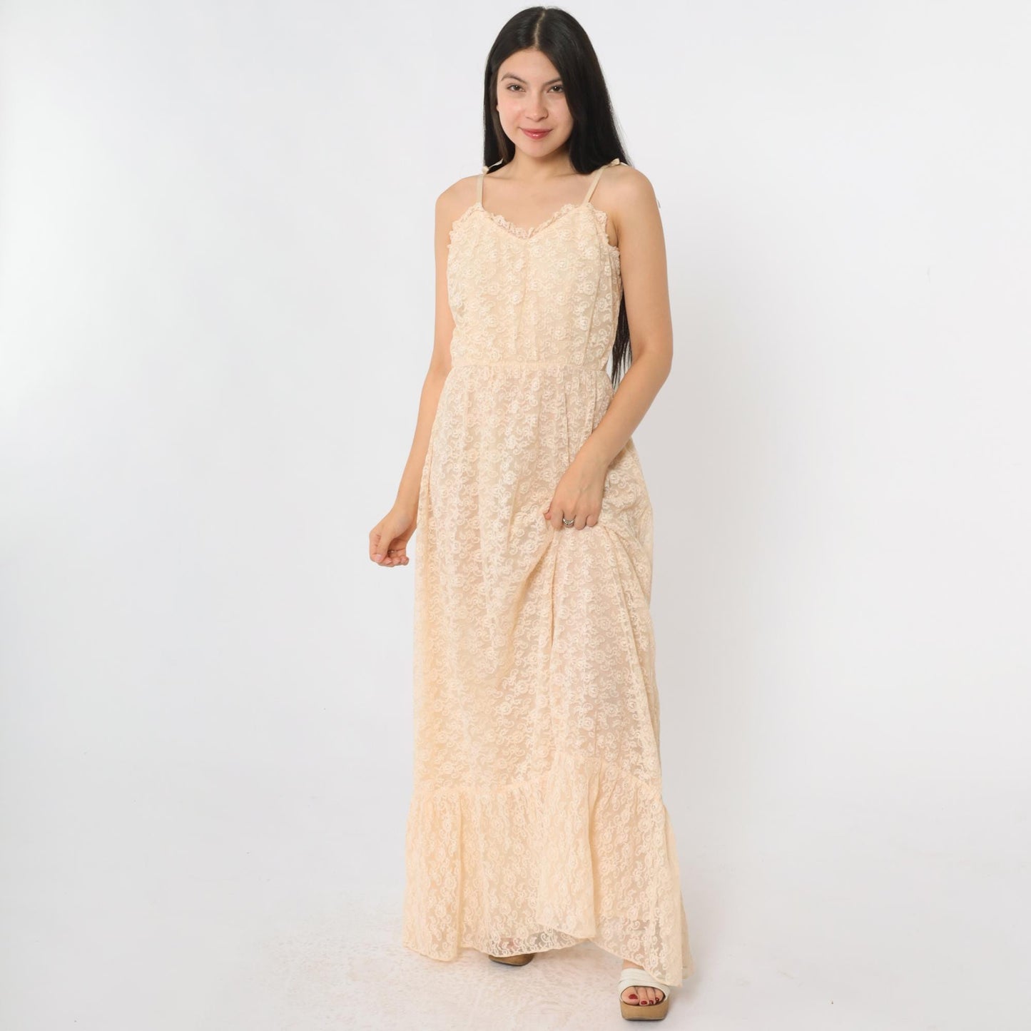 70s Peach Lace Maxi Dress Sweetheart Neckline Spaghetti Strap Small