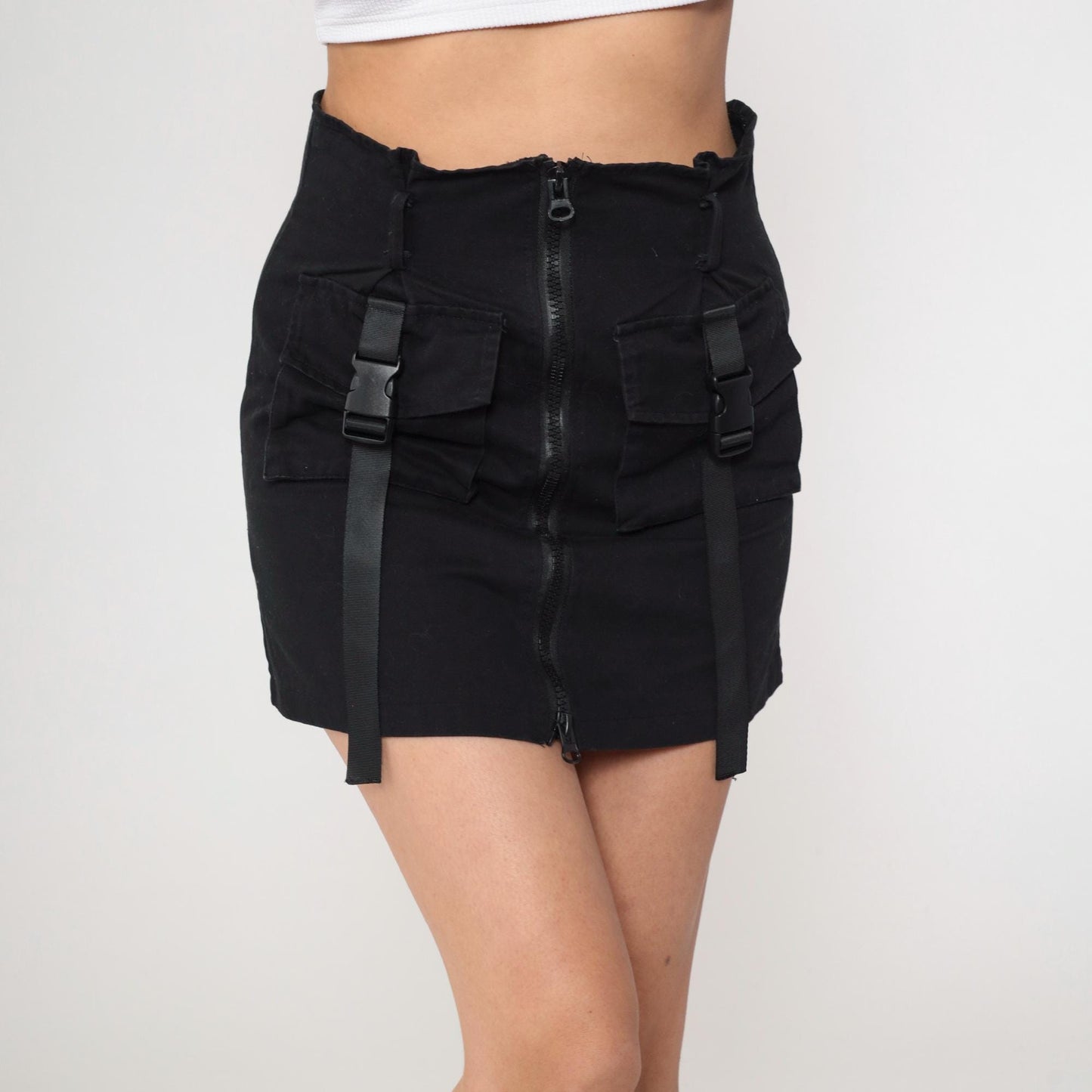 Y2K Black Utility Mini Skirt Bodycon Buckle Straps Small S