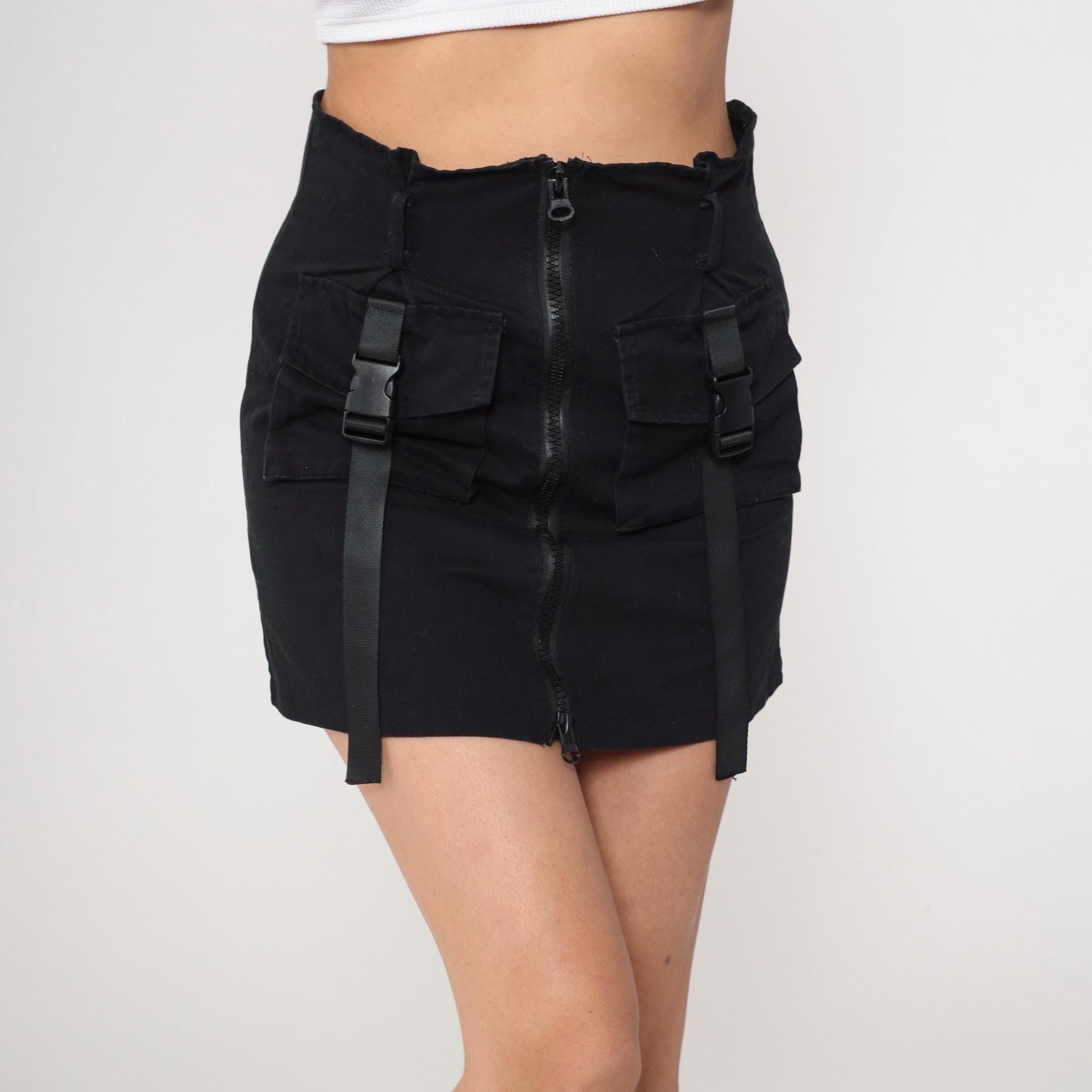 Y2K Black Utility Mini Skirt Bodycon Buckle Straps Small S