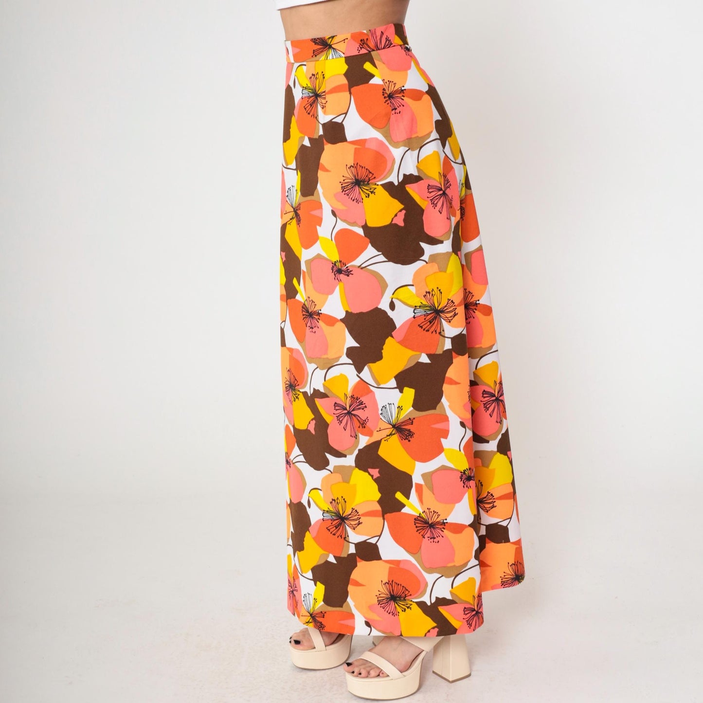 70s Floral Maxi Skirt High Waist Tropical Print Coral Orange Brown Medium