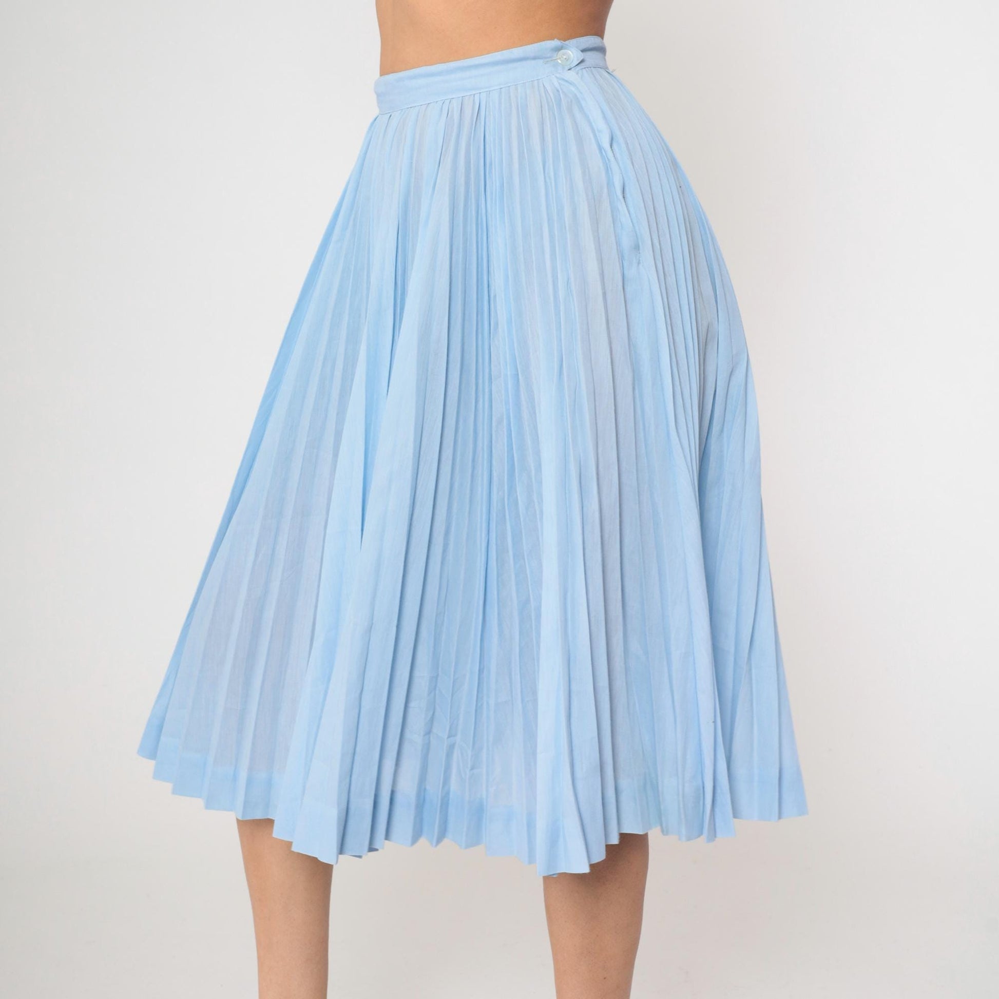 60s Light Blue Pleated High-Waist Midi Skirt Semi-Sheer Medium 8