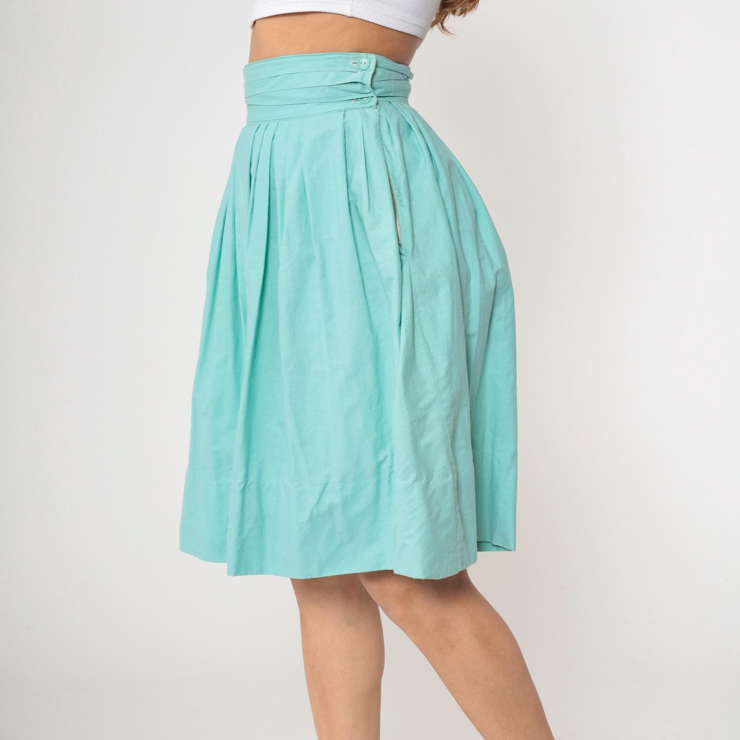 60s Seafoam Pleated High-Waist Skirt Mint Blue Knee-Length Small S