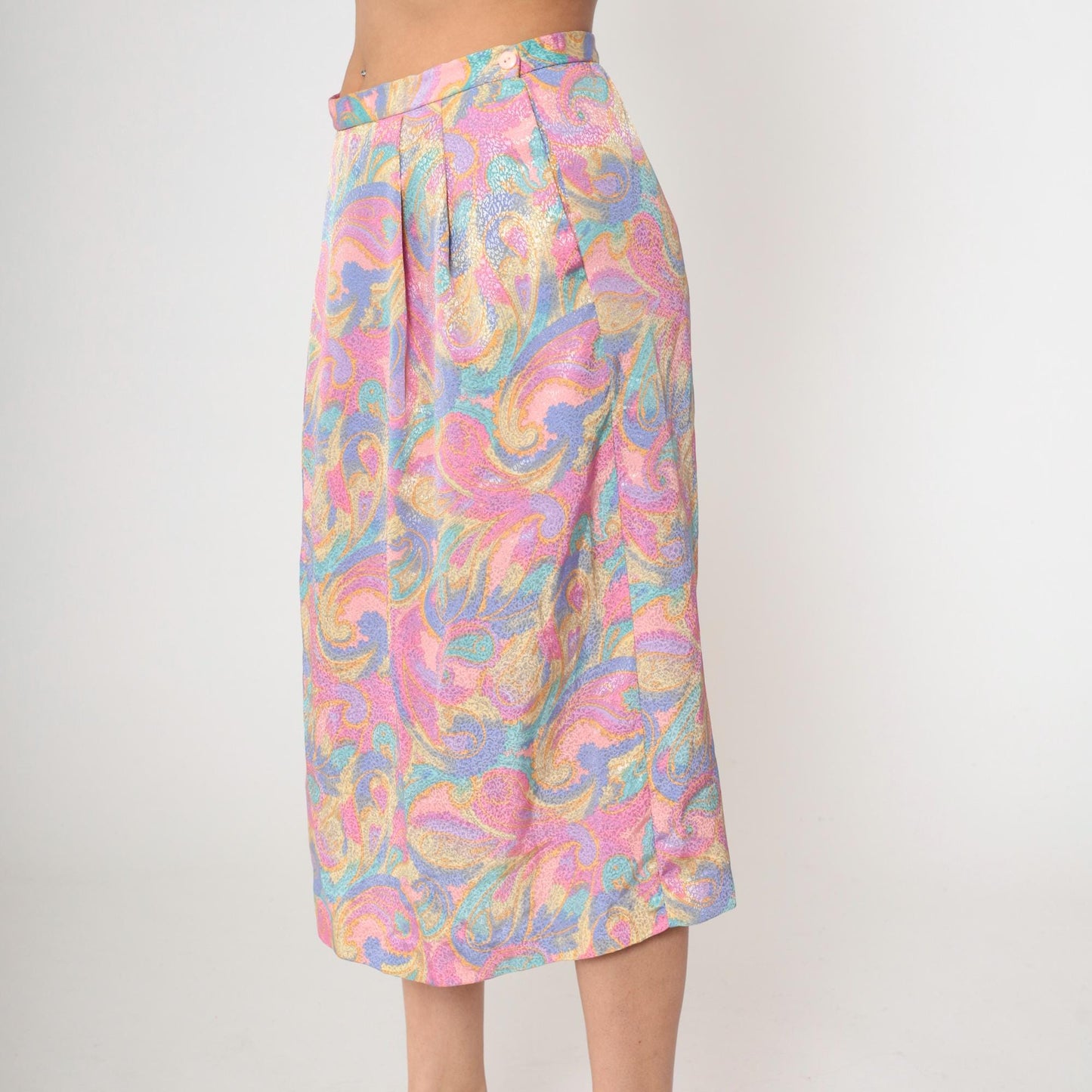 80s Pastel Paisley Midi Skirt High Waist Pleated Pockets Medium