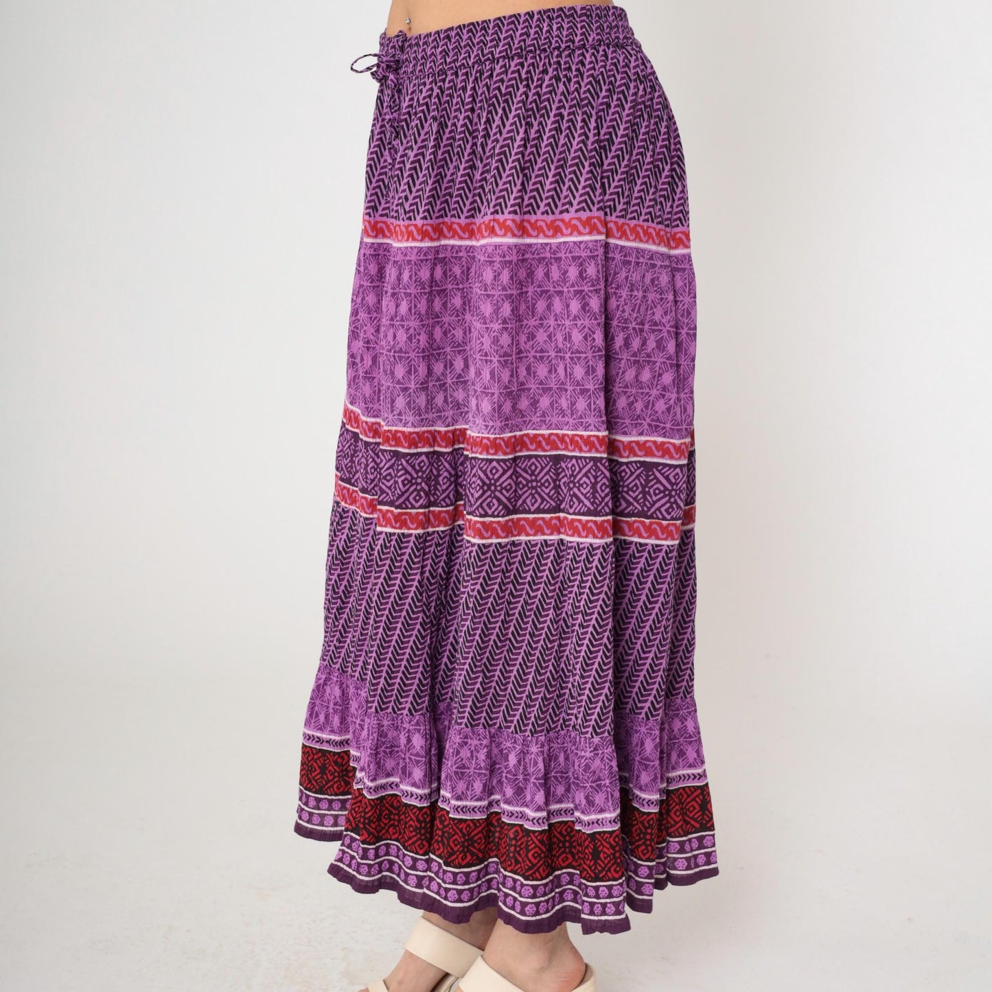 90s Purple Geometric Broomstick Maxi Skirt High Waist Drawstring Plus Size XXL