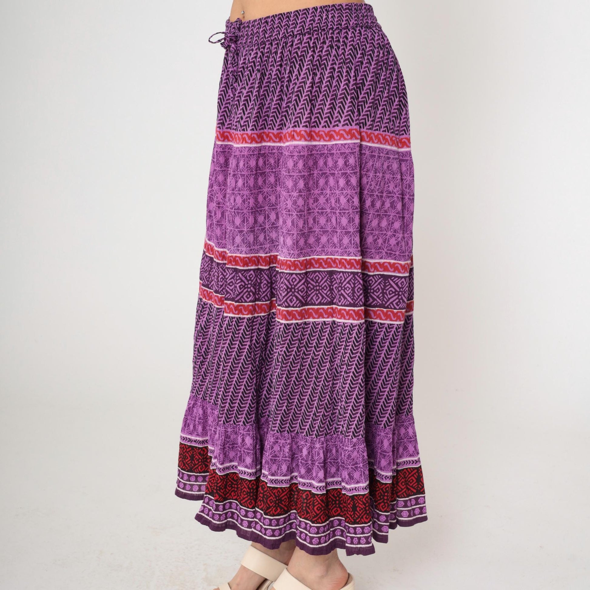 90s Purple Geometric Broomstick Maxi Skirt High Waist Drawstring Plus Size XXL