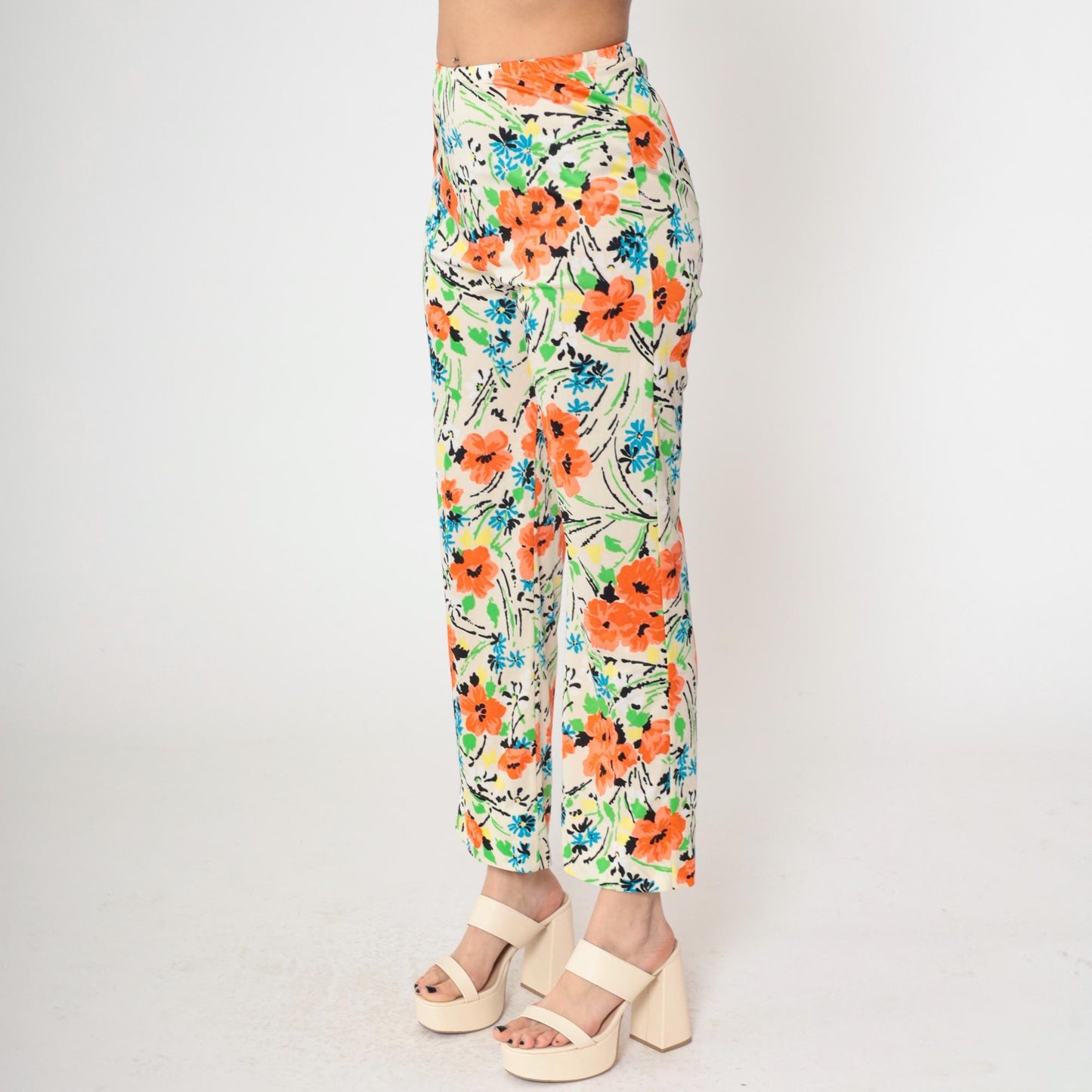 70s Floral Straight Leg Pants Cream Orange High Waist Elastic Pull On XS