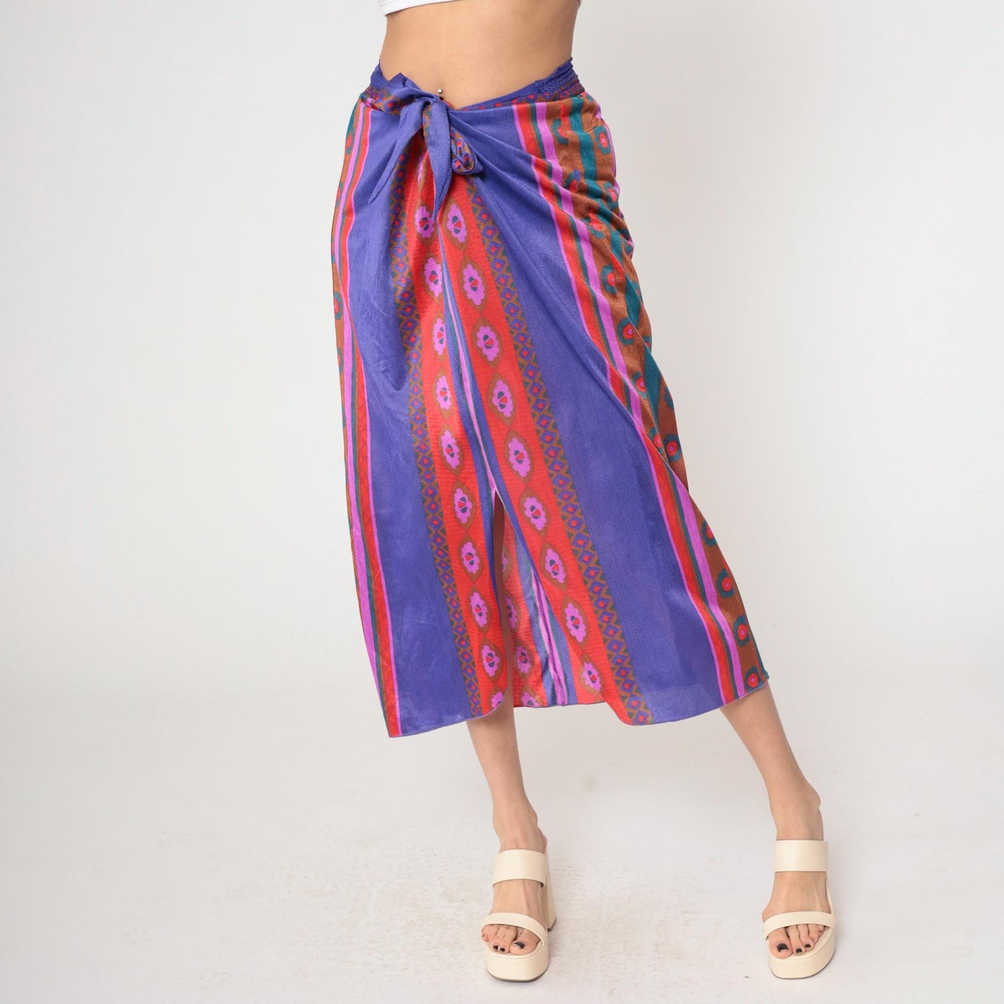 70s Stewart Striped Midi Skirt Purple Red Tie Waist Front Slit Medium