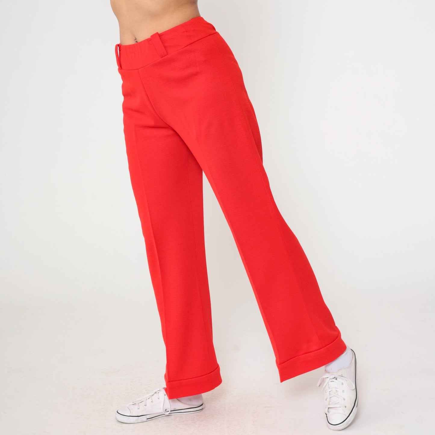 70s Red Flared High-Waist Trousers Cuffed Creased Vintage Pants Medium M
