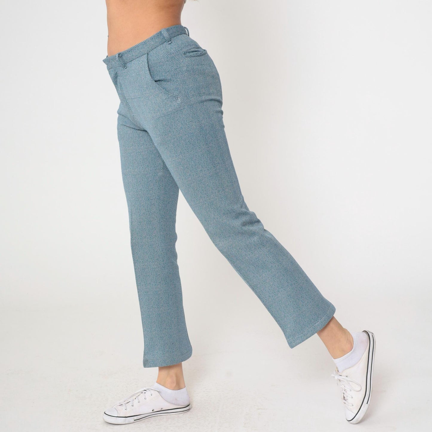 70s Blue Herringbone Bootcut Trousers Mid Rise Mod Small 6