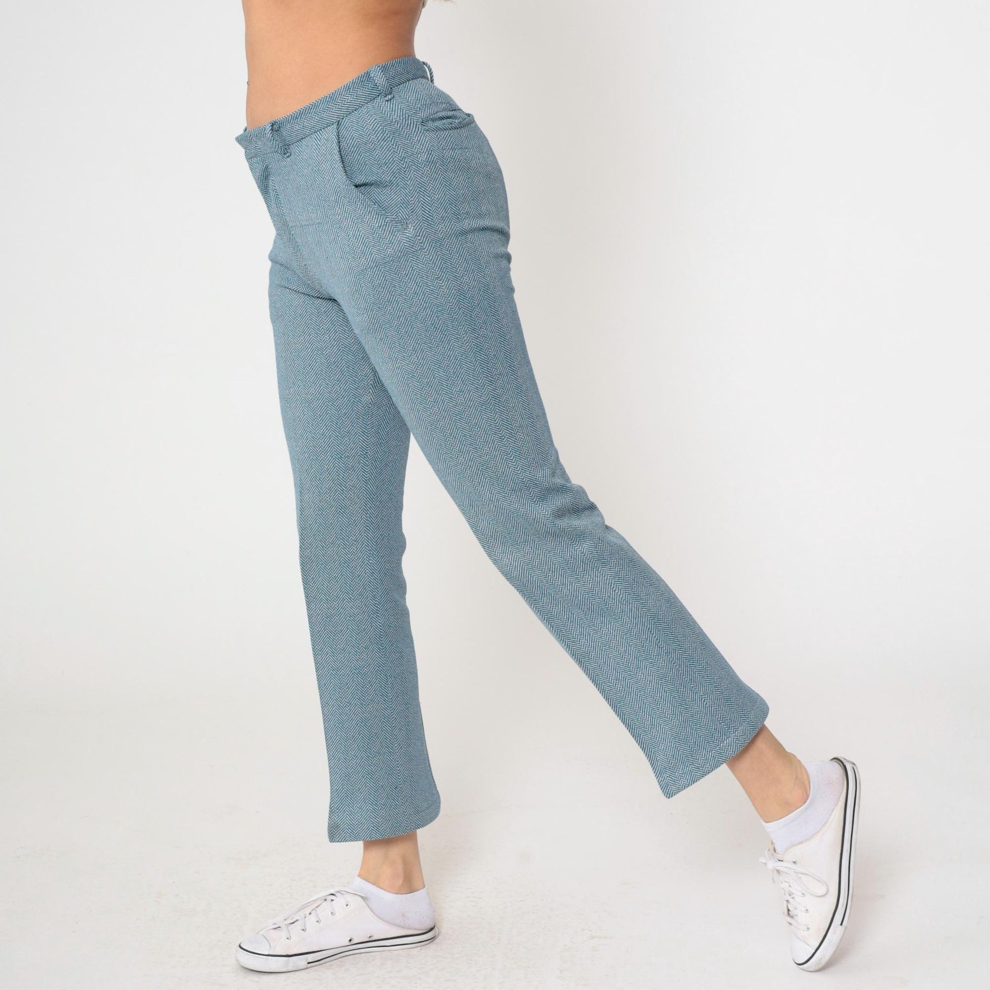 70s Blue Herringbone Bootcut Trousers Mid Rise Mod Small 6