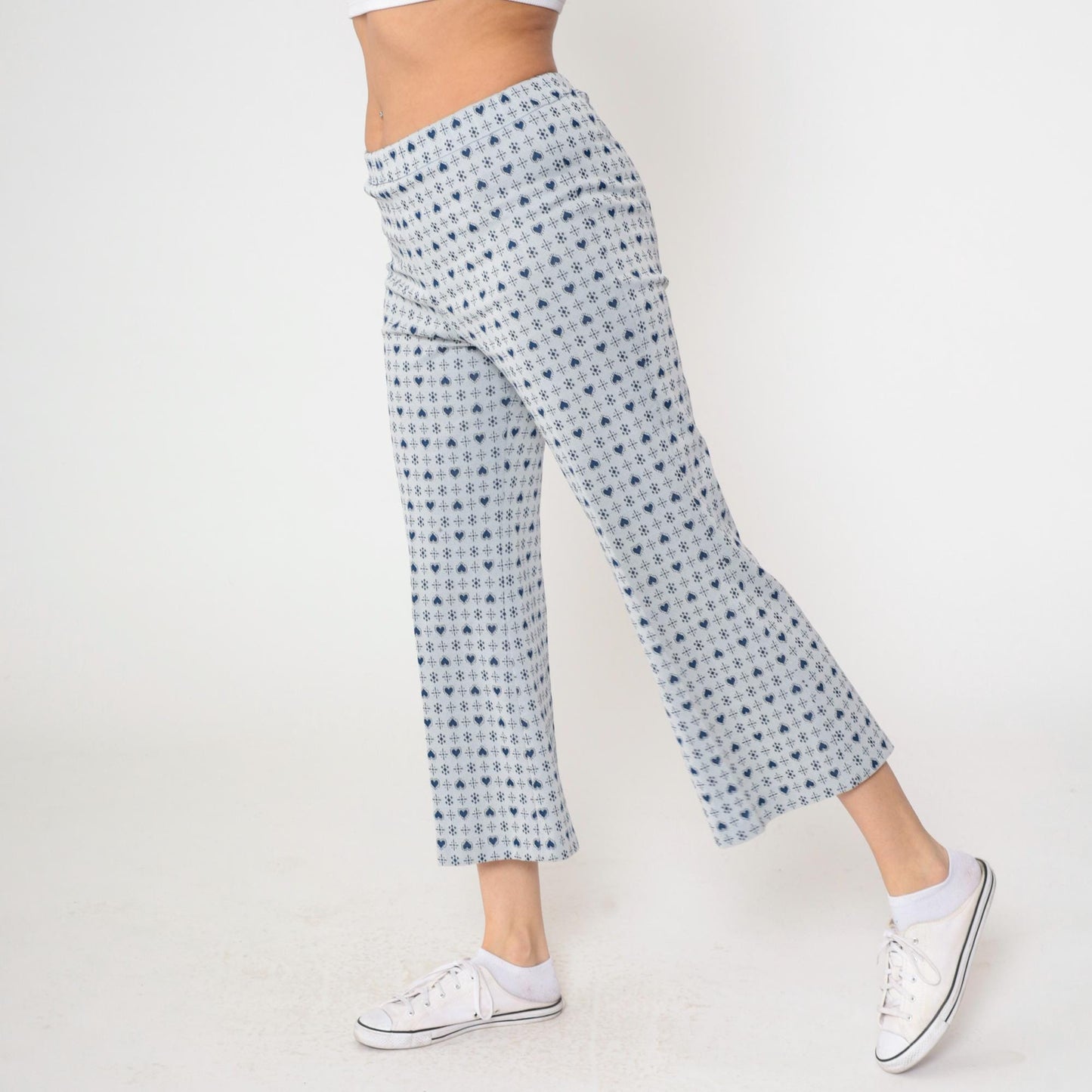 70s Heart Print Flared Trousers Grey Blue High Waisted Bell Bottoms Small