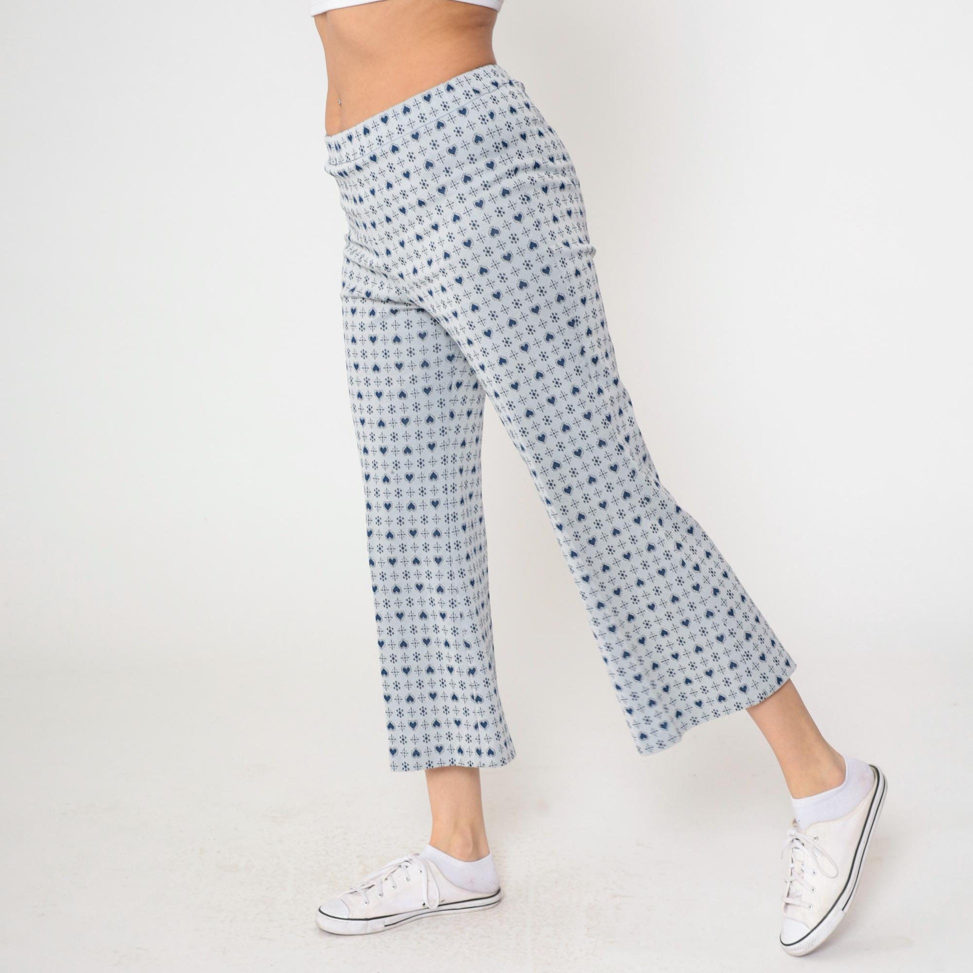 70s Heart Print Flared Trousers Grey Blue High Waisted Bell Bottoms Small