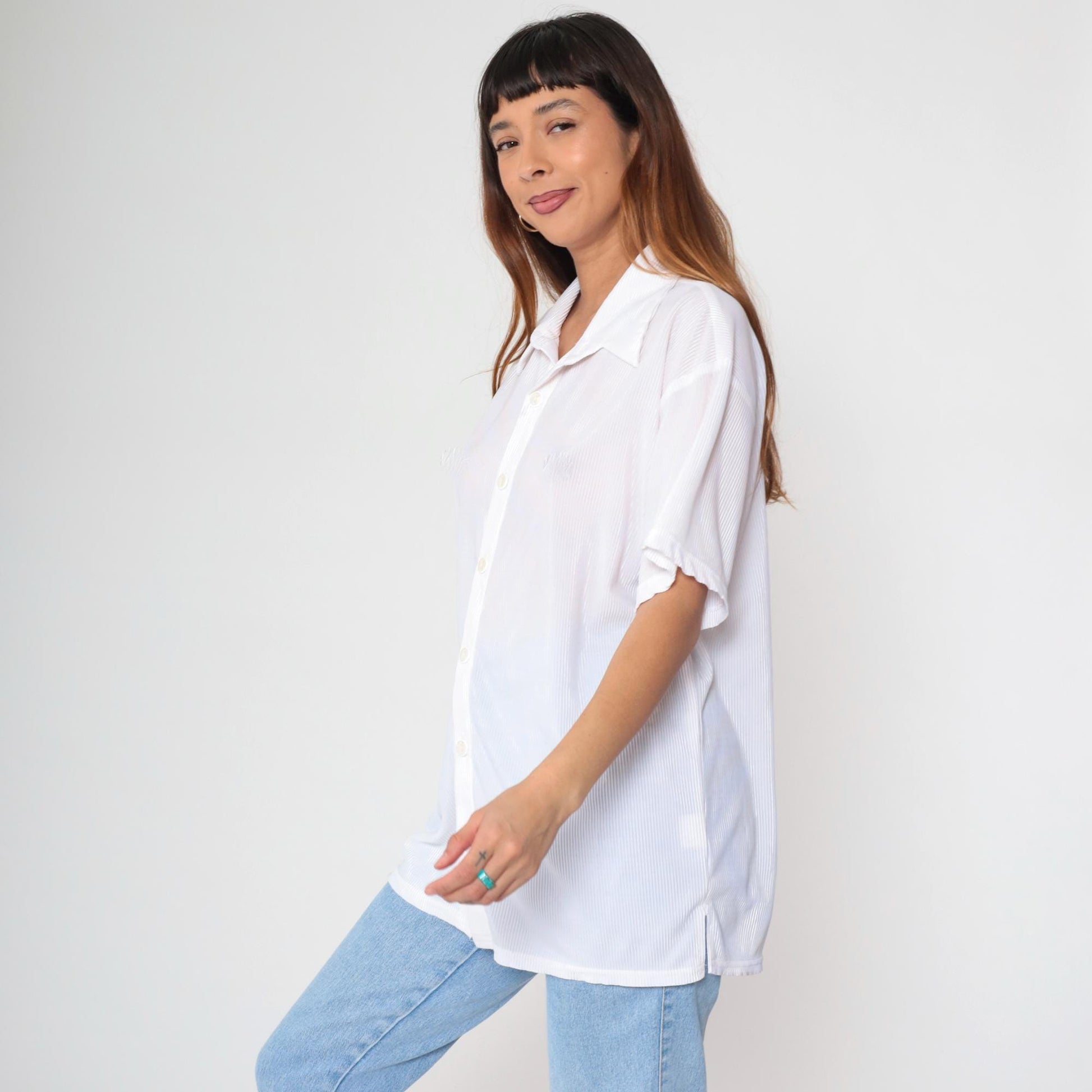 90s Positano White Ribbed Button Up Shirt Short Sleeve Collared Extra Large XL