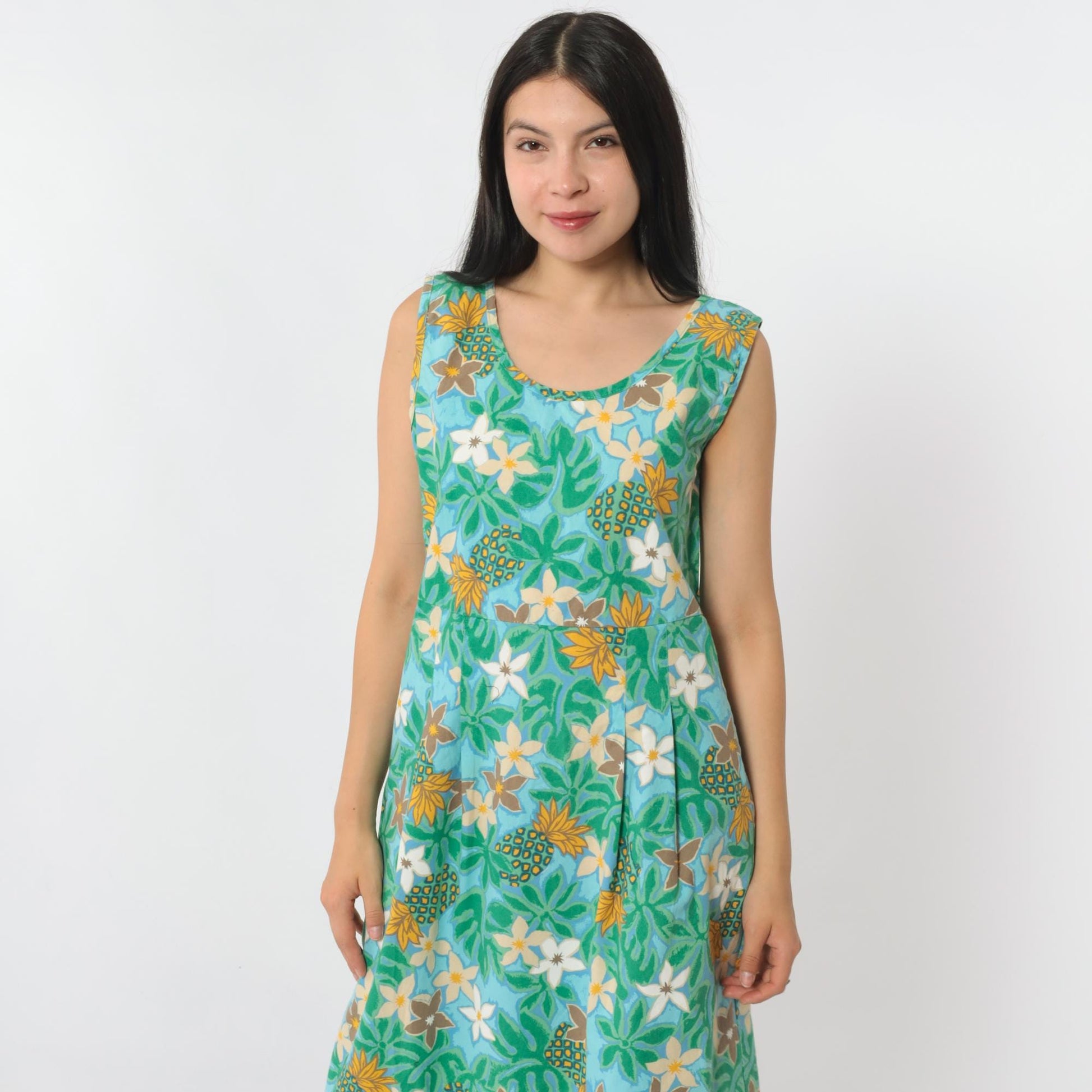 Y2K Ron Jon Surf Shop Hawaiian Floral Pineapple Midi Dress Cotton Green Medium
