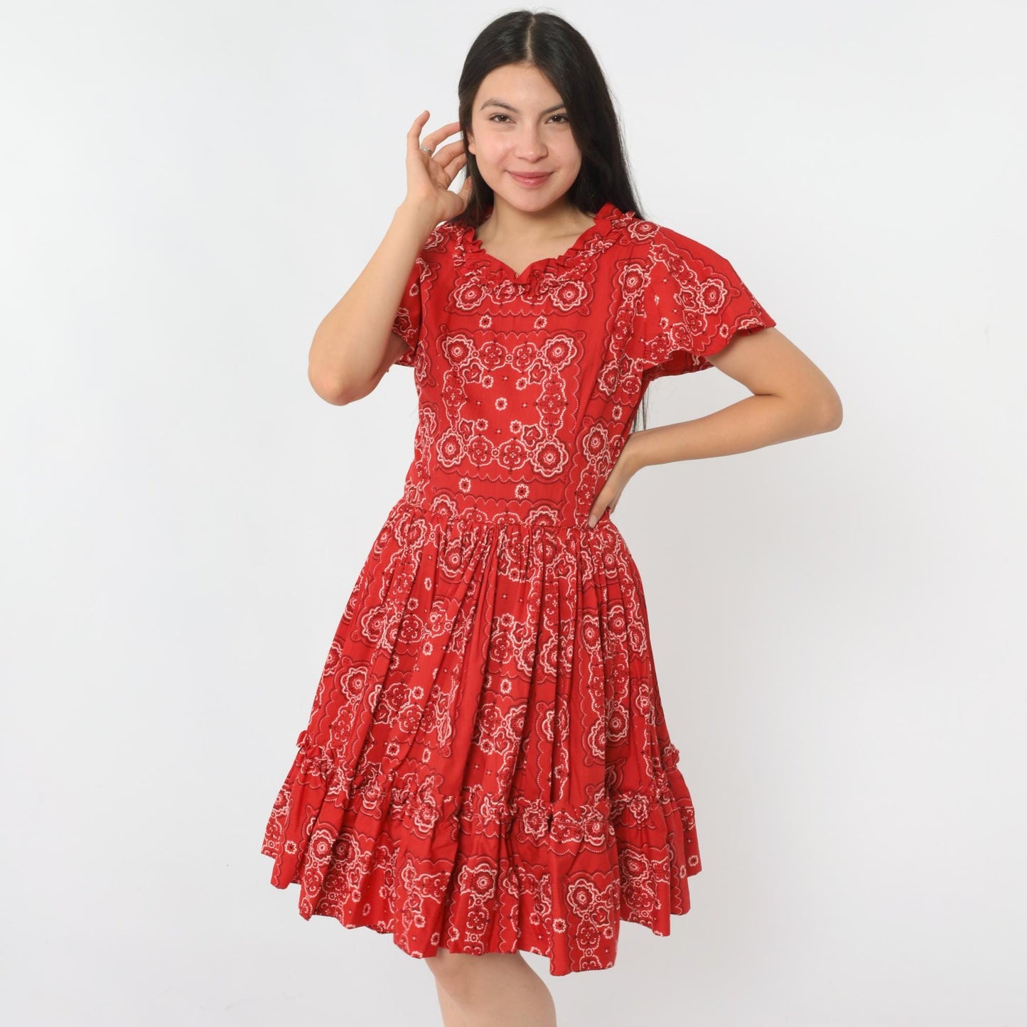70s Red Handkerchief Print Square Dance Dress Flutter Sleeve Midi Small