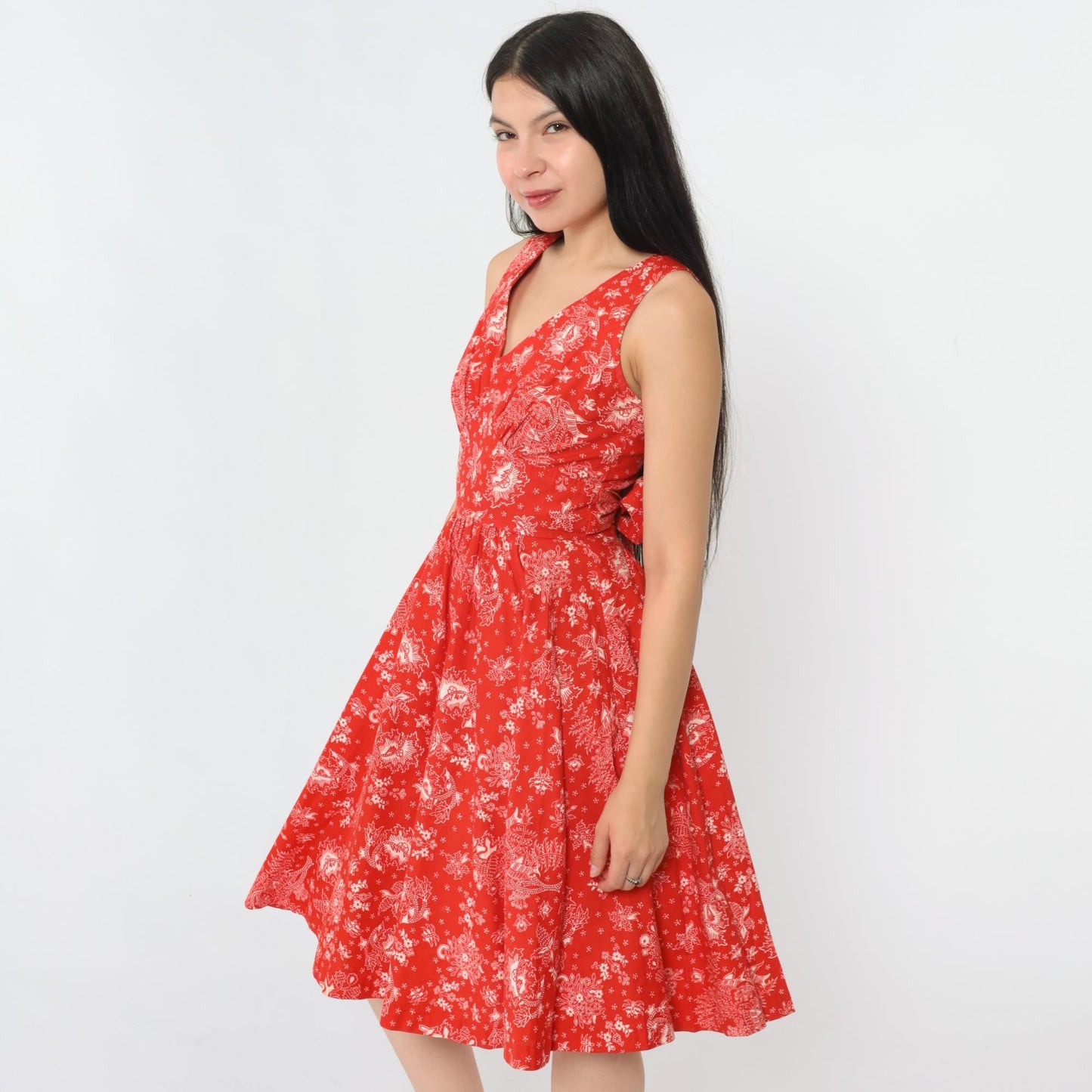 70s Red Floral Bird Print Sleeveless Dress High Waist V Neck Extra Small
