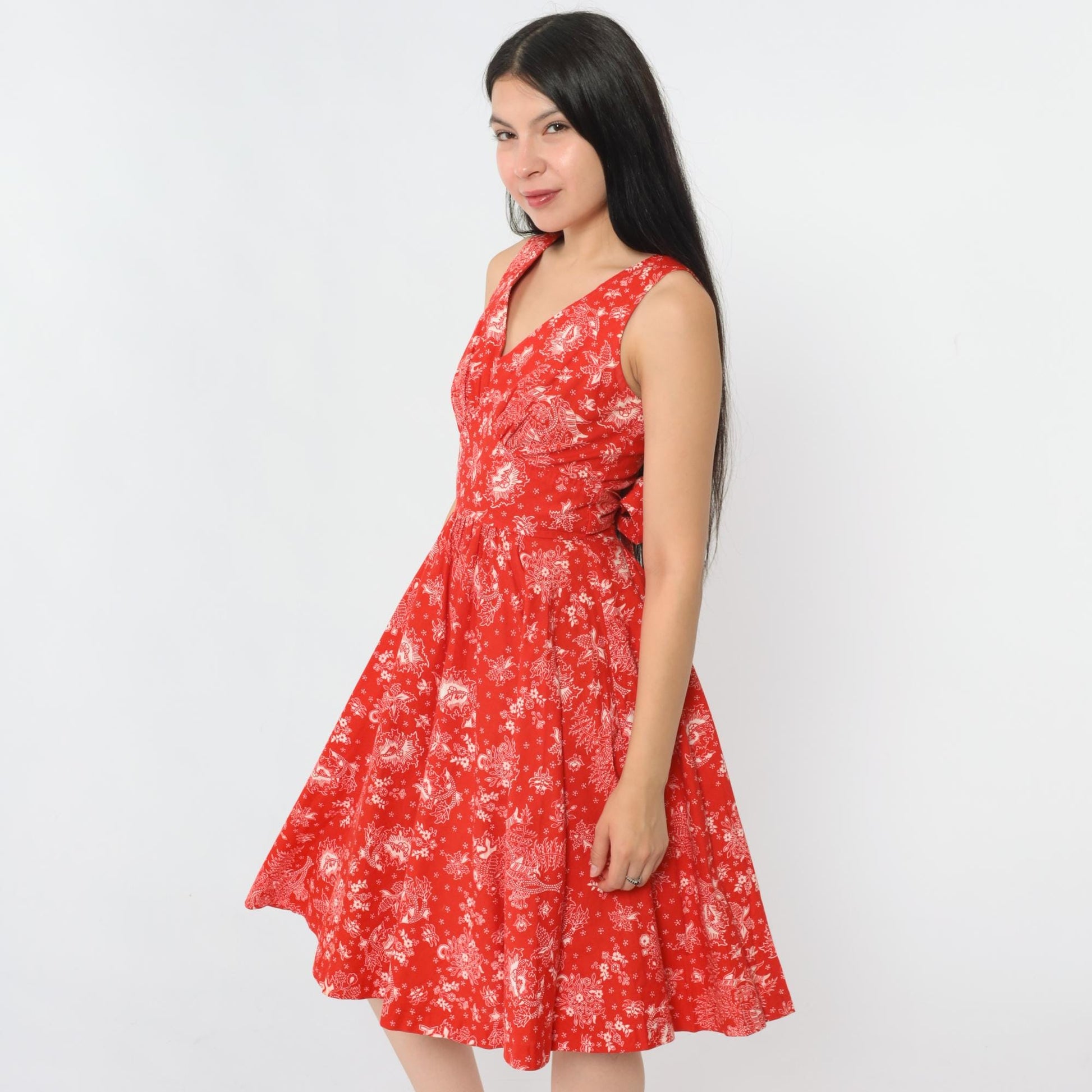 70s Red Floral Bird Print Sleeveless Dress High Waist V Neck Extra Small