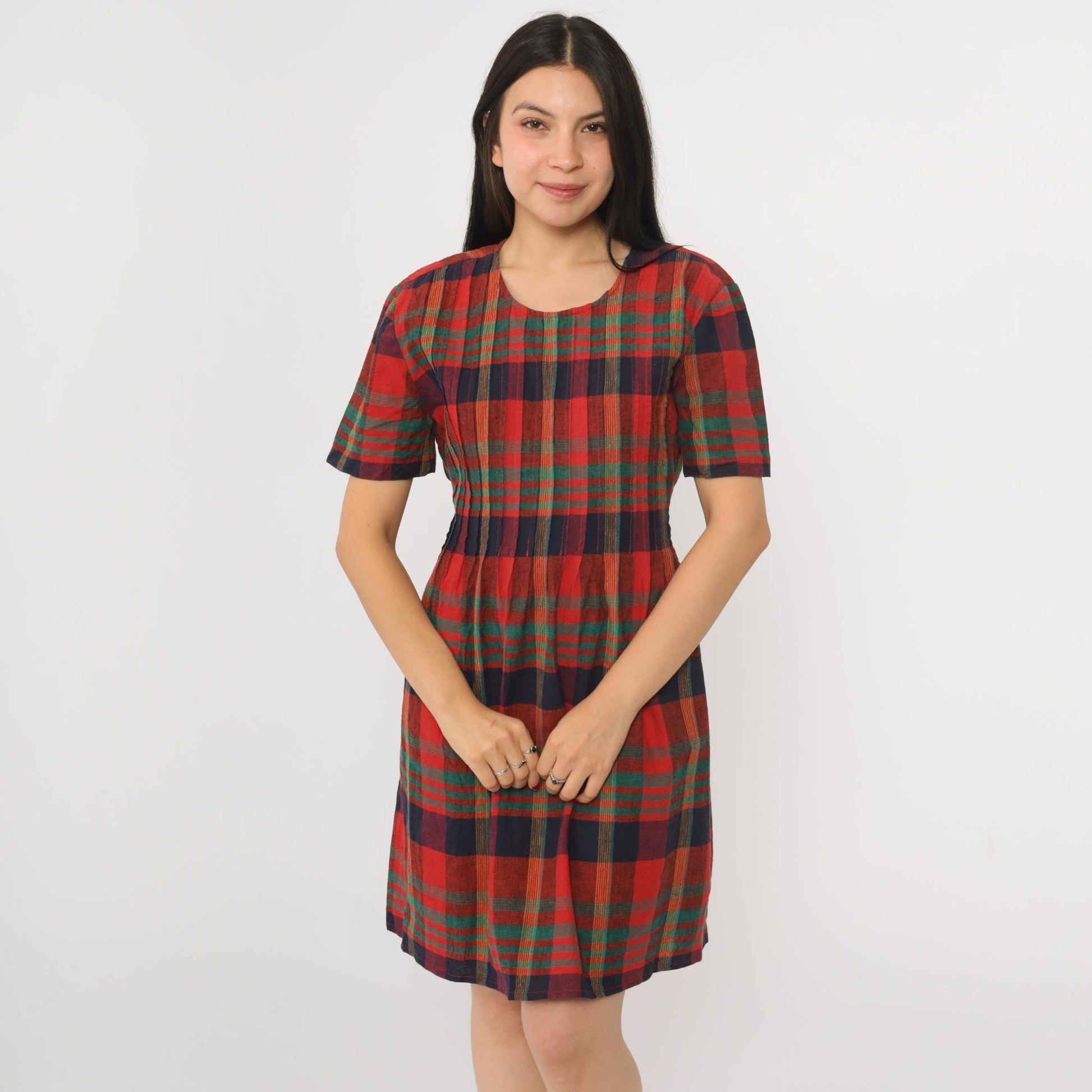 90s Plaid Mini Dress Red Blue Green Checkered Shift Linen Cotton Large