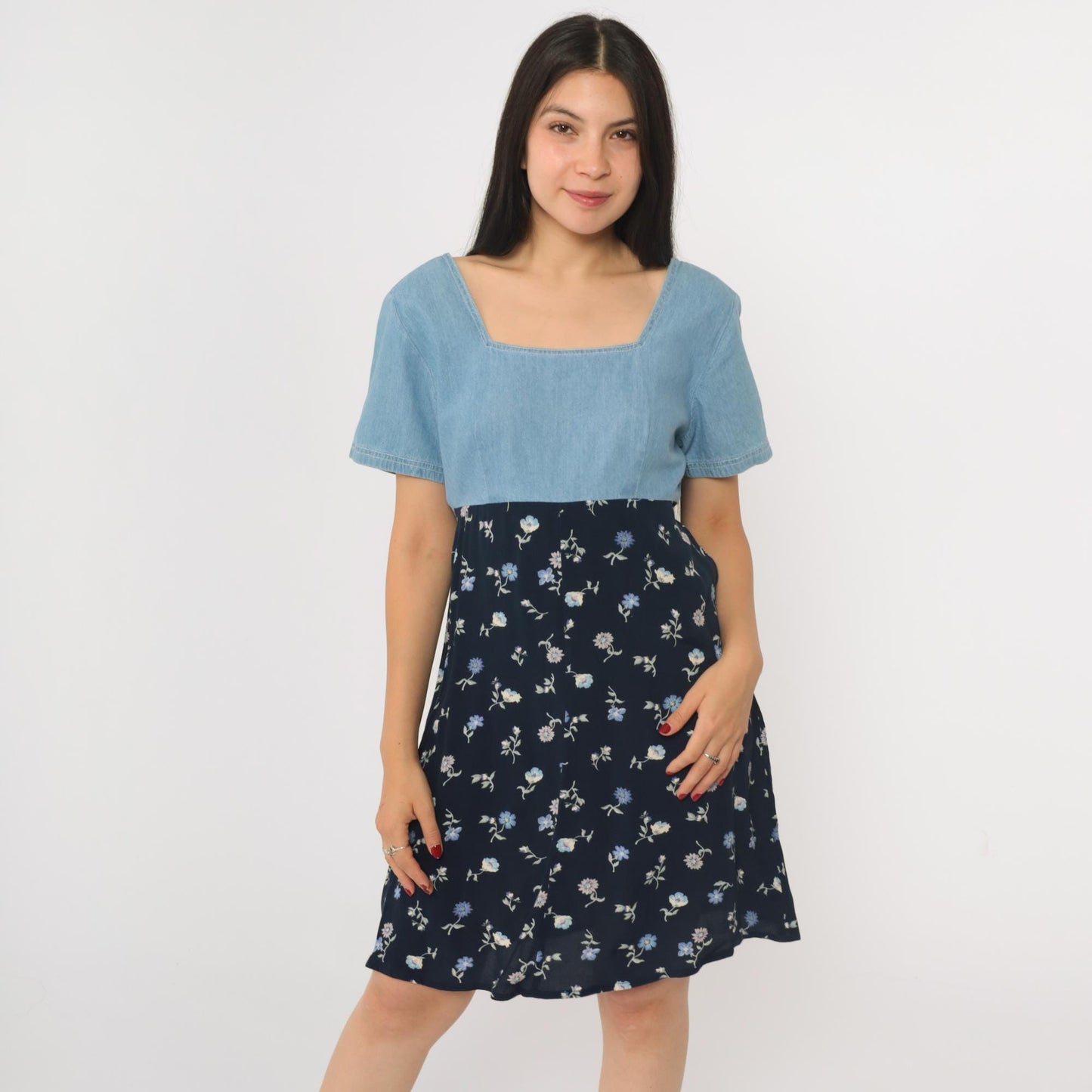 90s Jeans by Express Floral Denim Mini Dress High Waist Blue Small