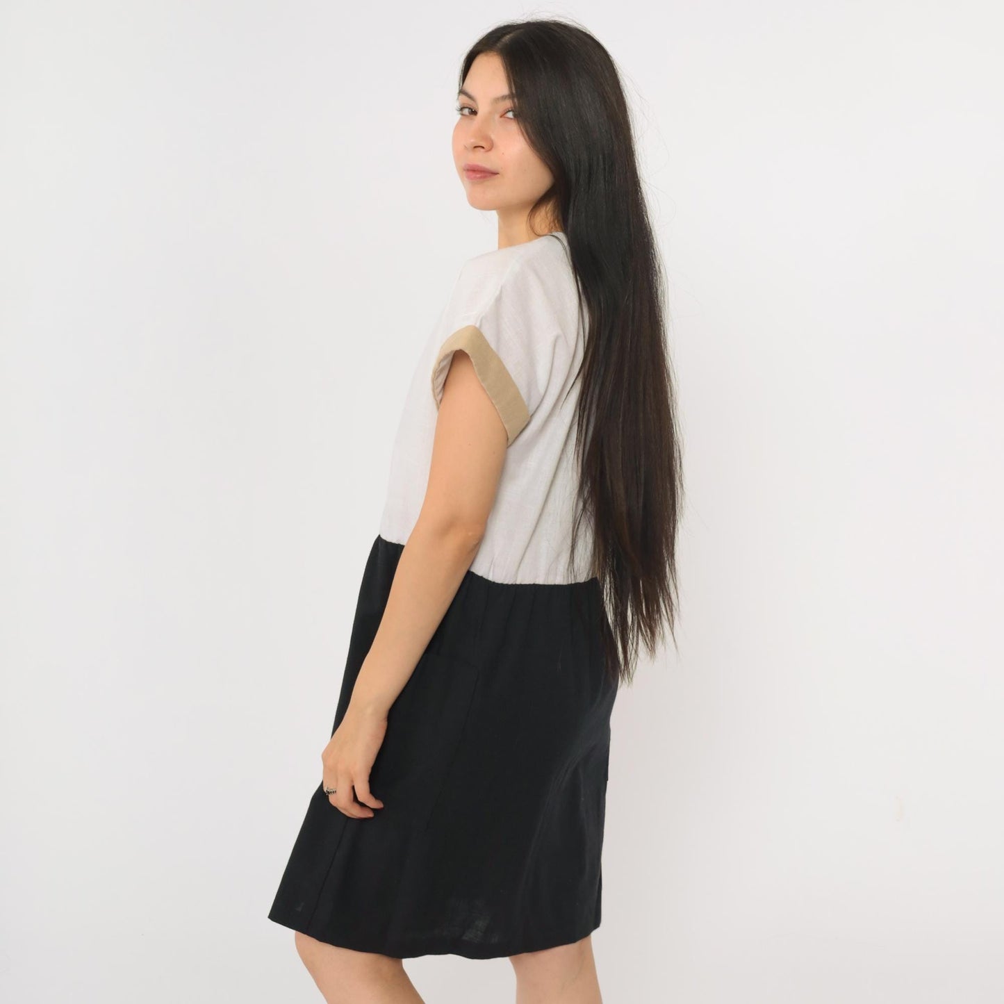 80s Color Block Mini Dress Button-Up High Waist Black Tan White Medium 8