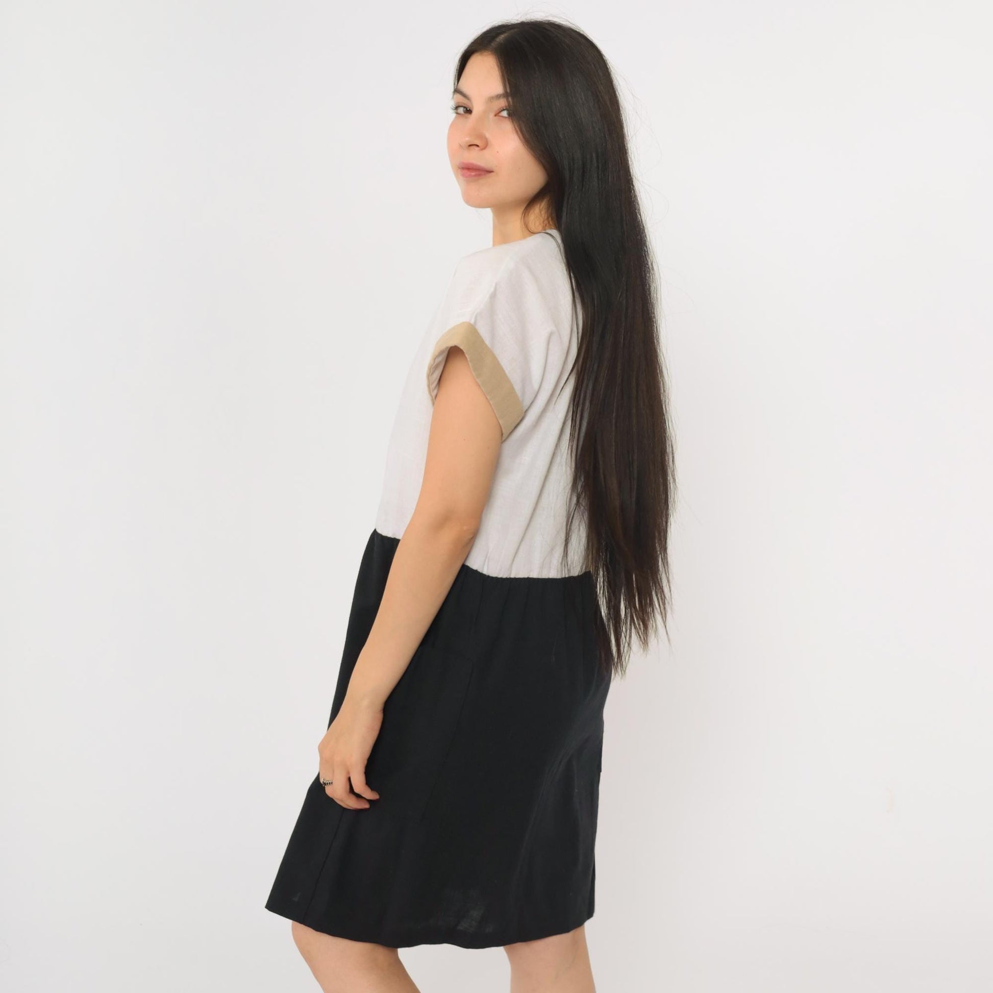 80s Color Block Mini Dress Button-Up High Waist Black Tan White Medium 8