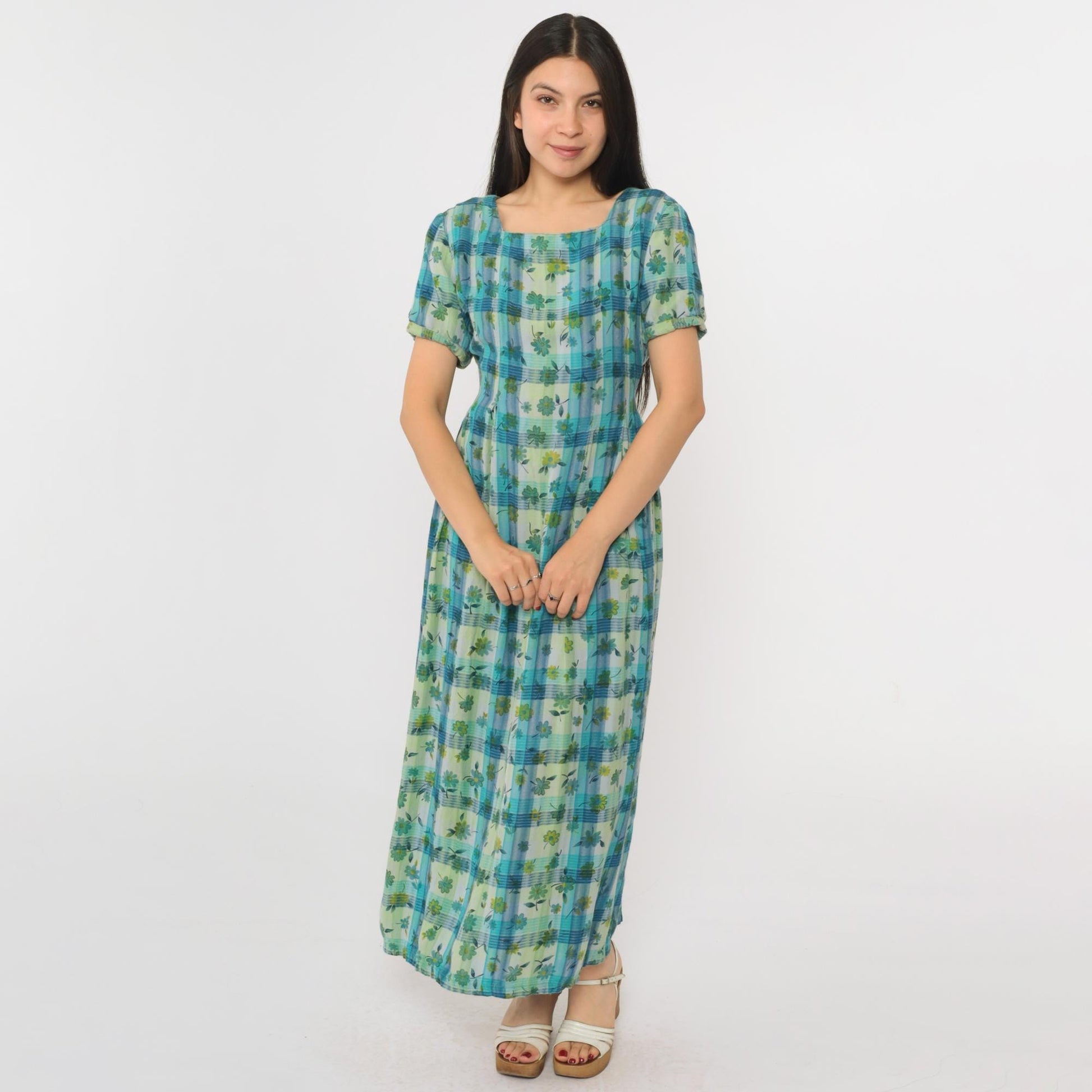 90s Sarah Elizabeth Checkered Floral Maxi Dress Blue Green Short Sleeve Medium