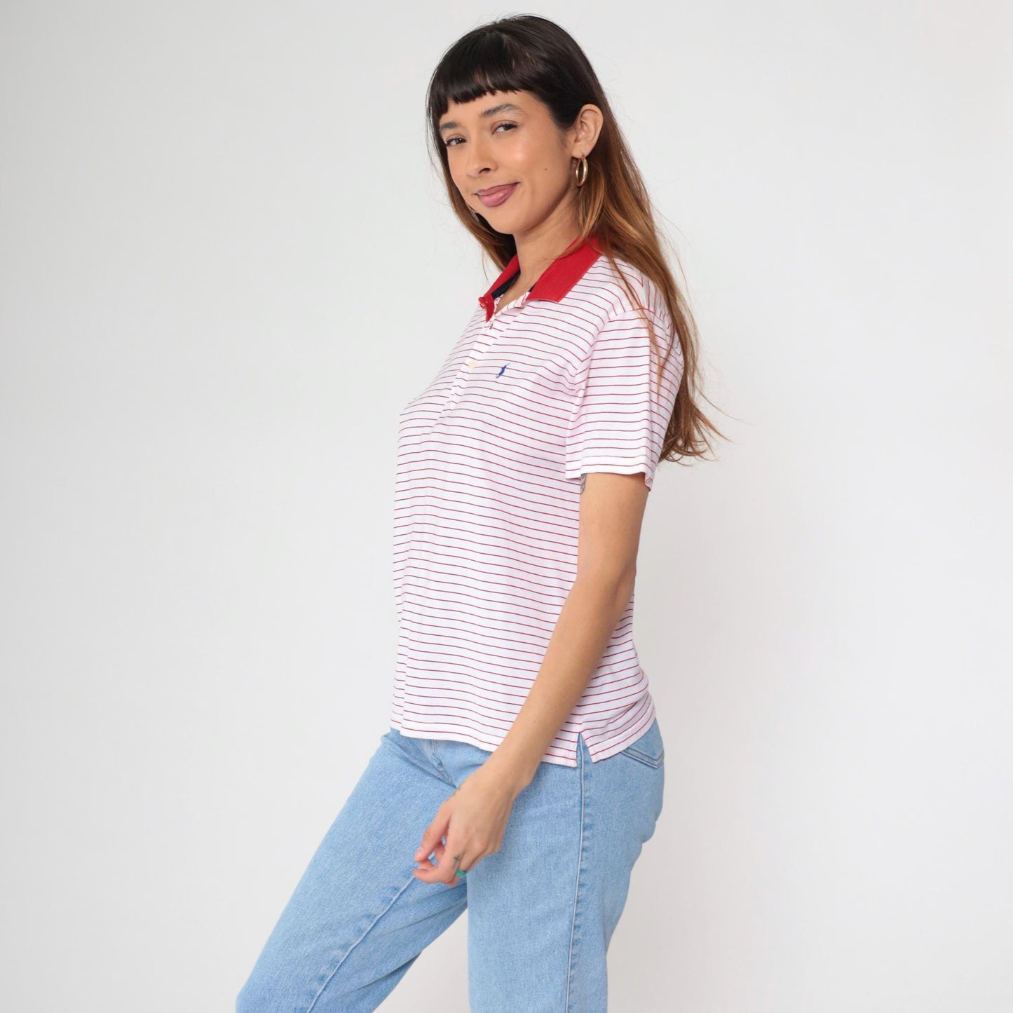 Y2K Ralph Lauren Golf Striped Polo Red White Quarter-Button Short Sleeve Medium