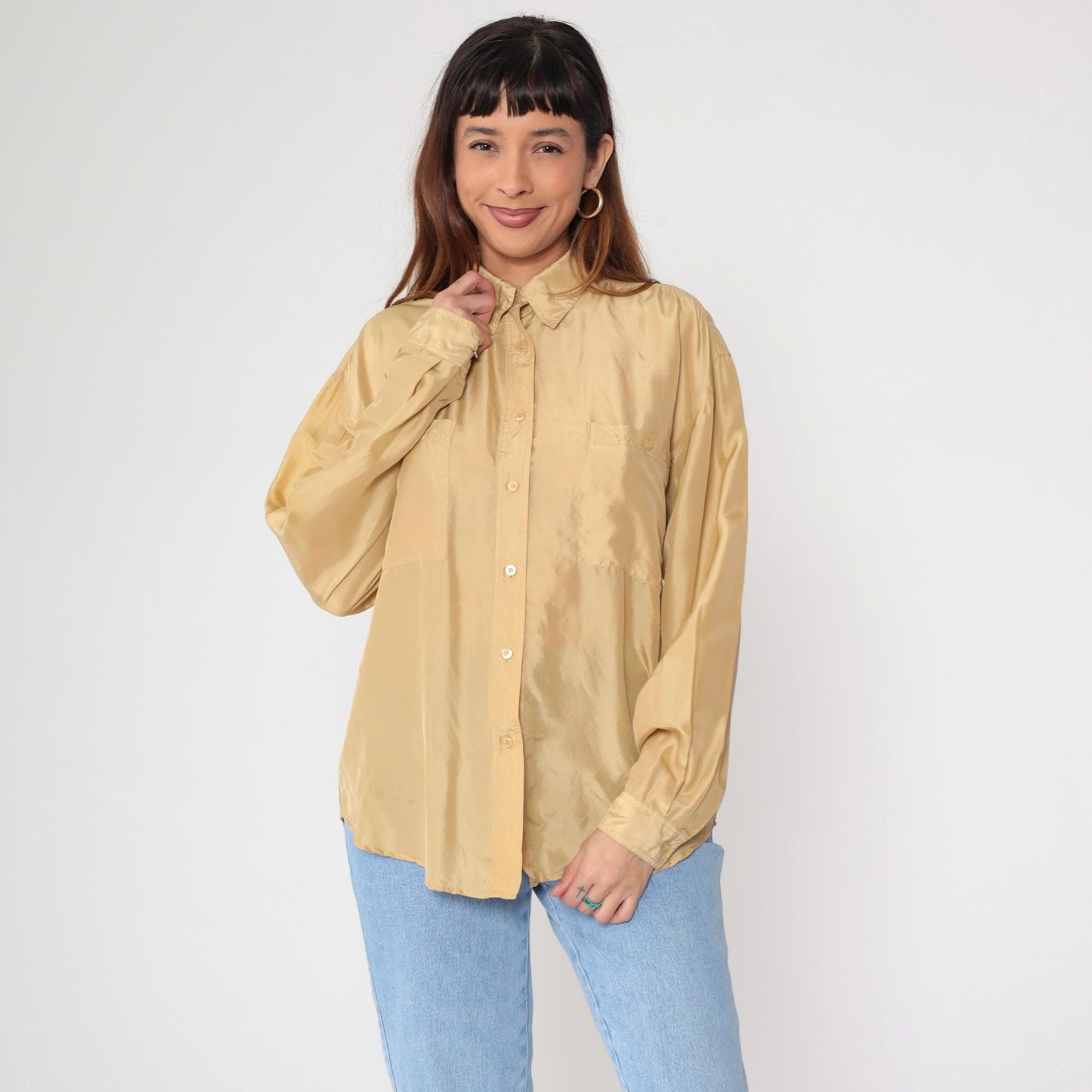 90s Champagne Silk Button-Up Blouse Long Sleeve Chest Pocket Small