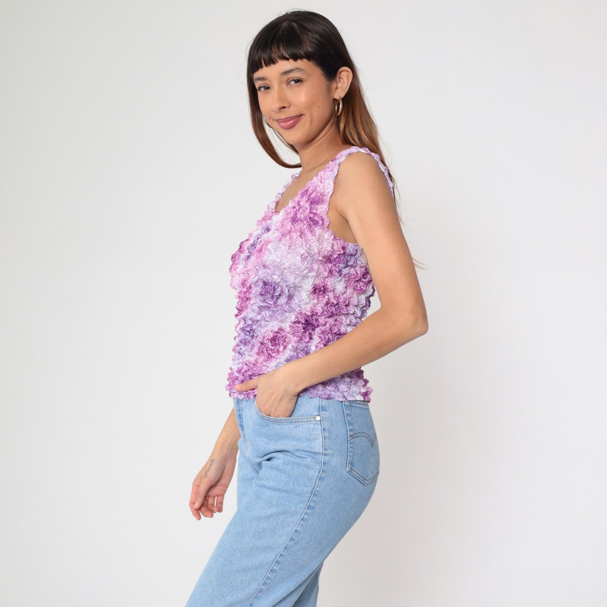 Y2K Purple Floral Popcorn Texture Tank Top Sleeveless Blouse One Size