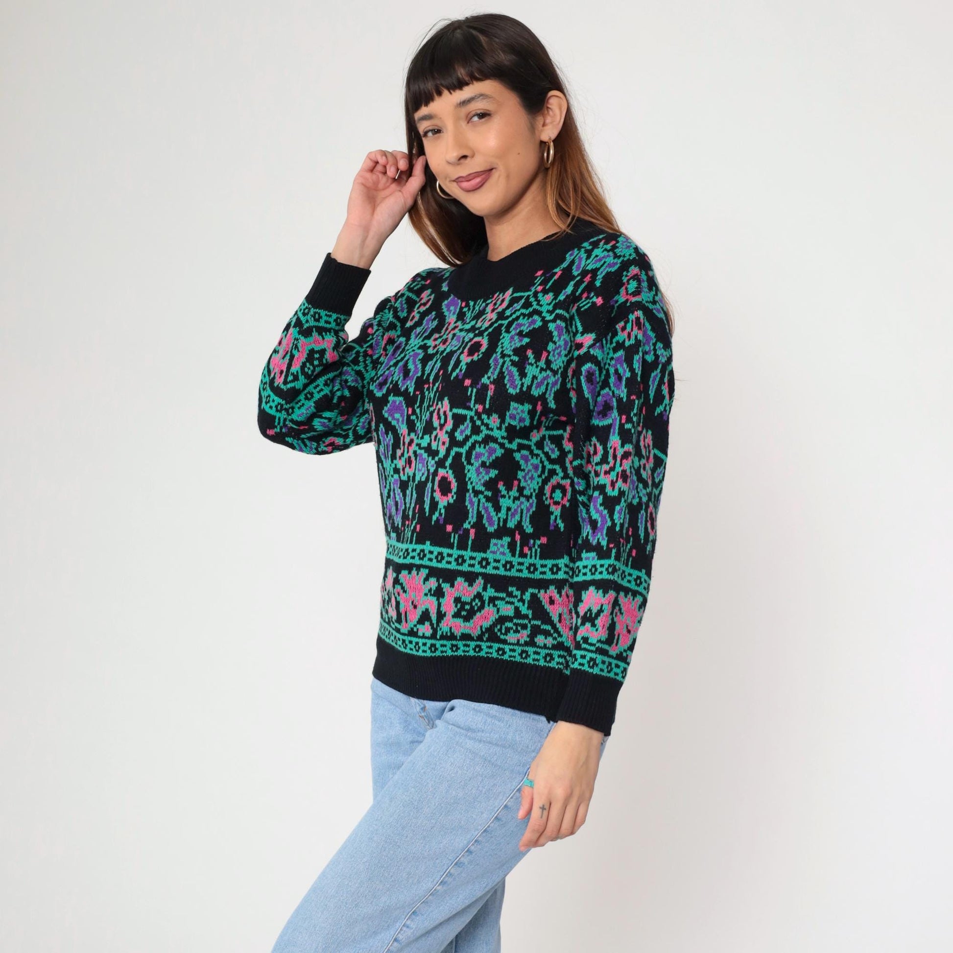 80s Abstract Floral Jacquard Sweater Black Knit Crewneck Small