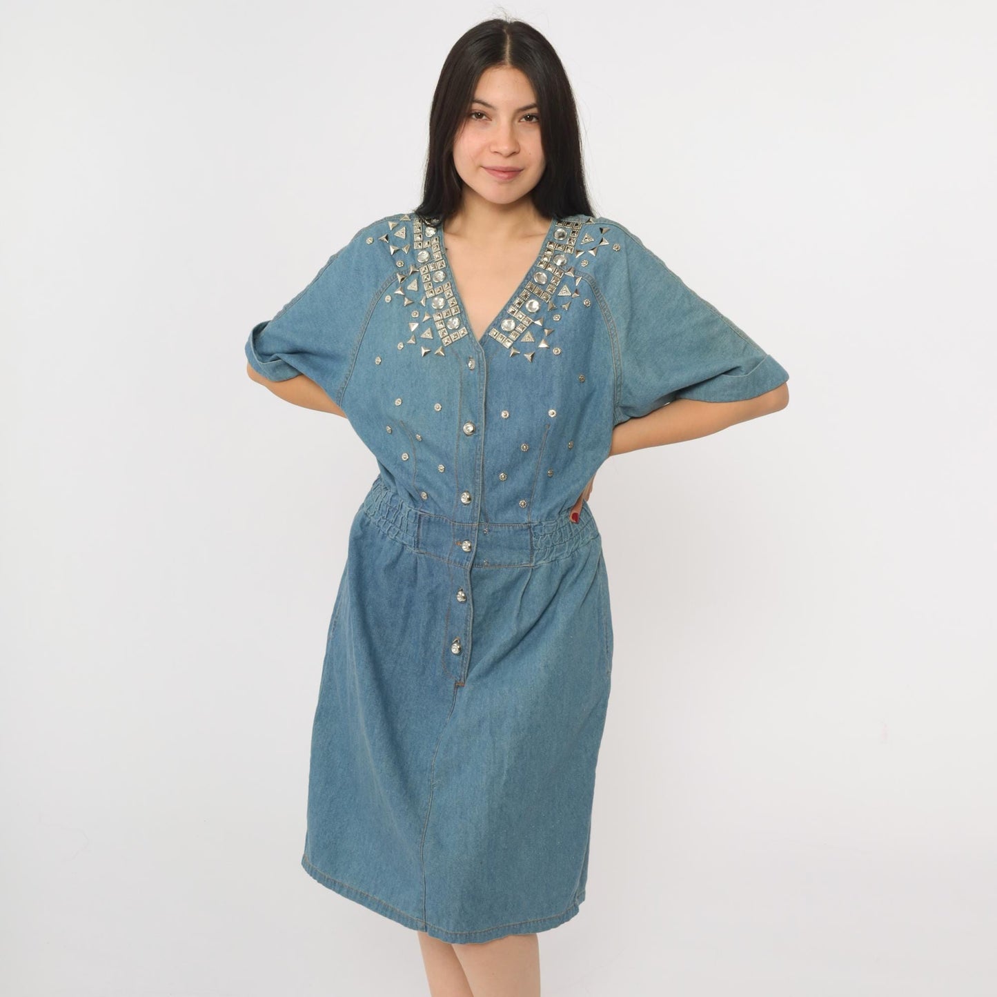 90s Styleworks Blue Denim Midi Dress Studded Rhinestone Button-Up V-Neck Medium