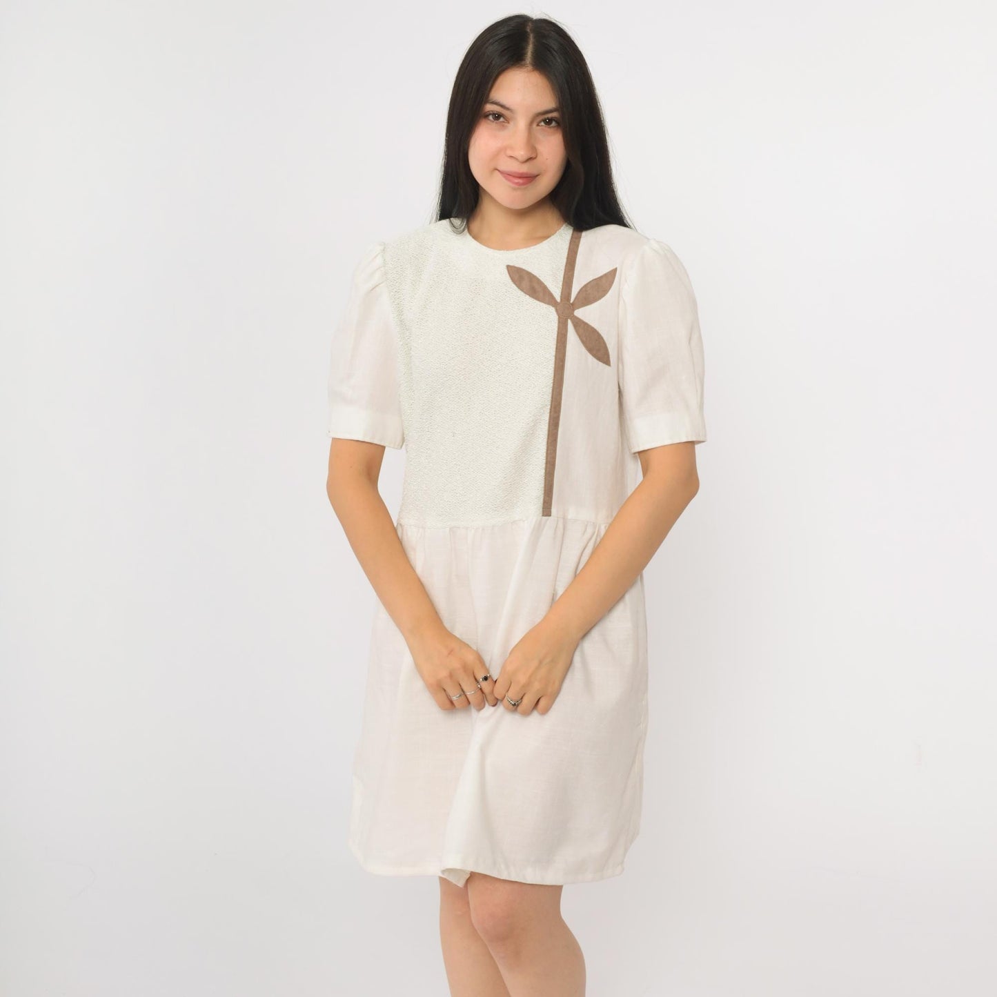 80s Leslie Fay White Floral Applique Mini Dress Puff Sleeve Boucle Knit Medium Large
