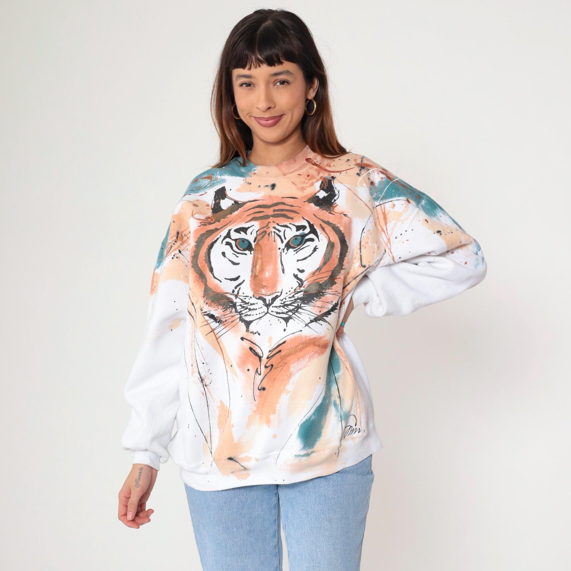 80s Hand-Painted Tiger Sweatshirt Metallic Glitter White Graphic Jumper Large L