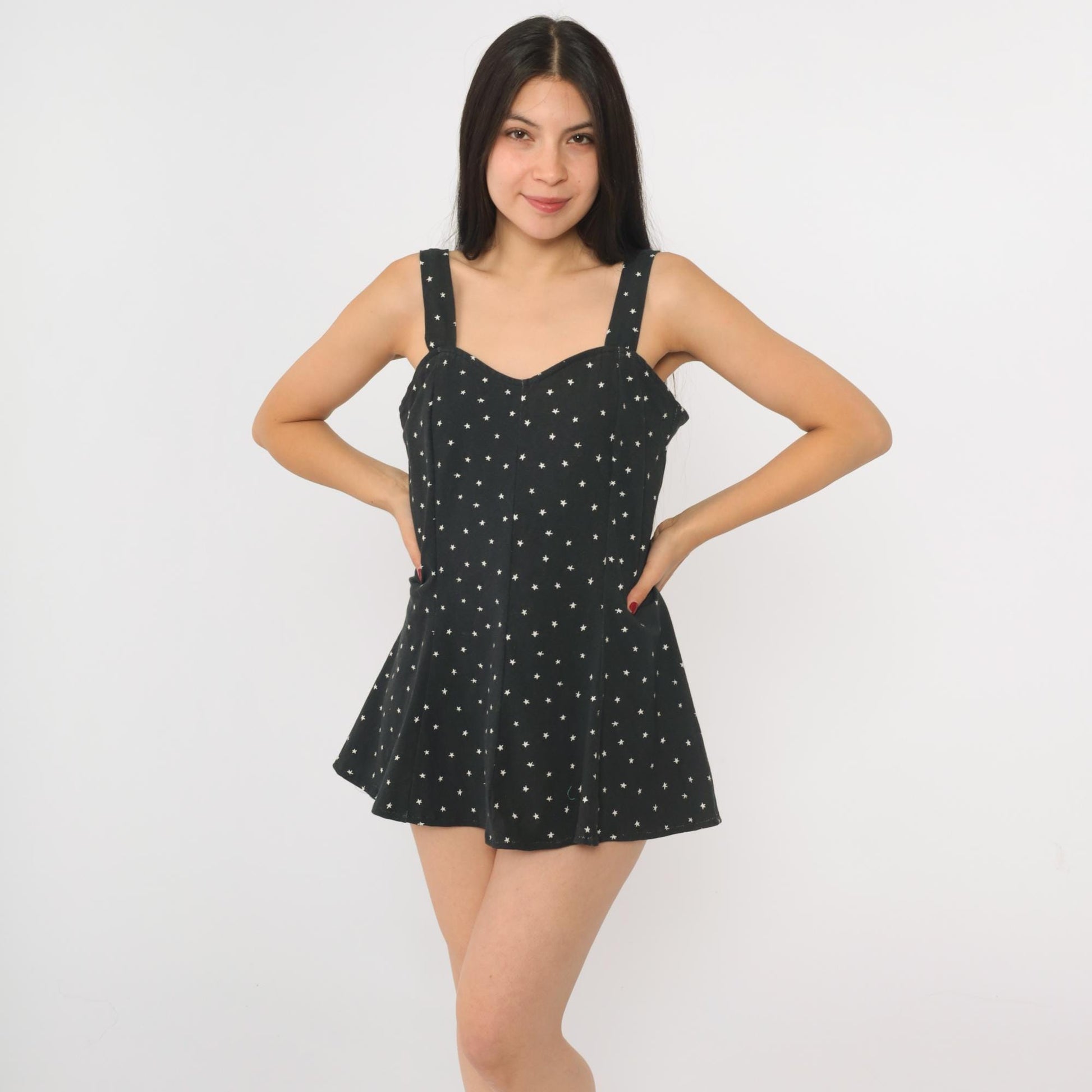 90s Black Star Print Micro Mini Sundress Sweetheart Neckline Sleeveless Medium