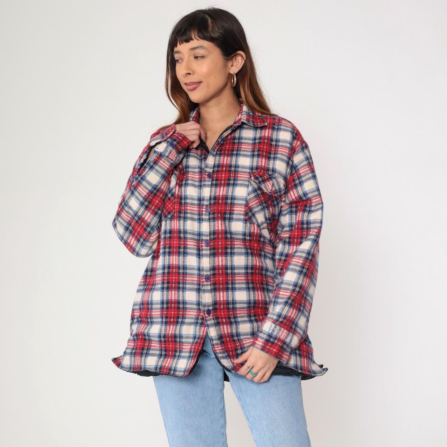 90s Dickies Plaid Insulated Overshirt Red White Blue Quilted Flannel Large