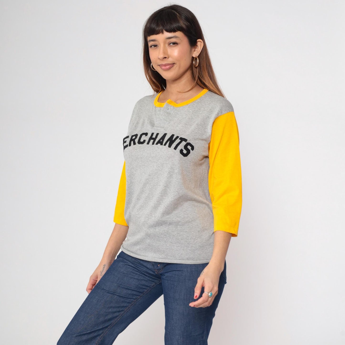 80s Merchants Baseball Shirt Grey Yellow Henley 3/4 Sleeve Medium