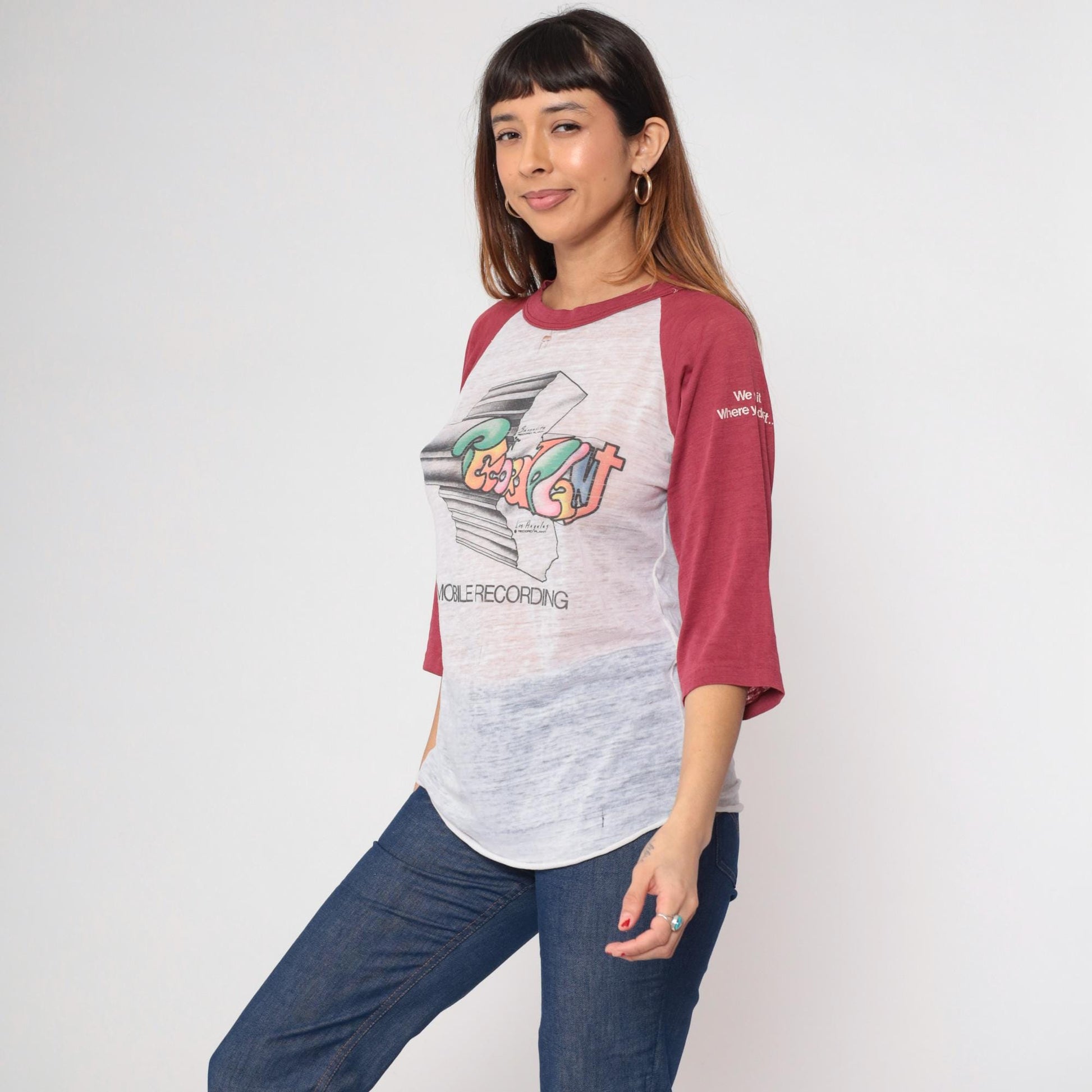 80s Record Plant Mobile Recording Raglan Tee White Maroon Burnout Medium Large