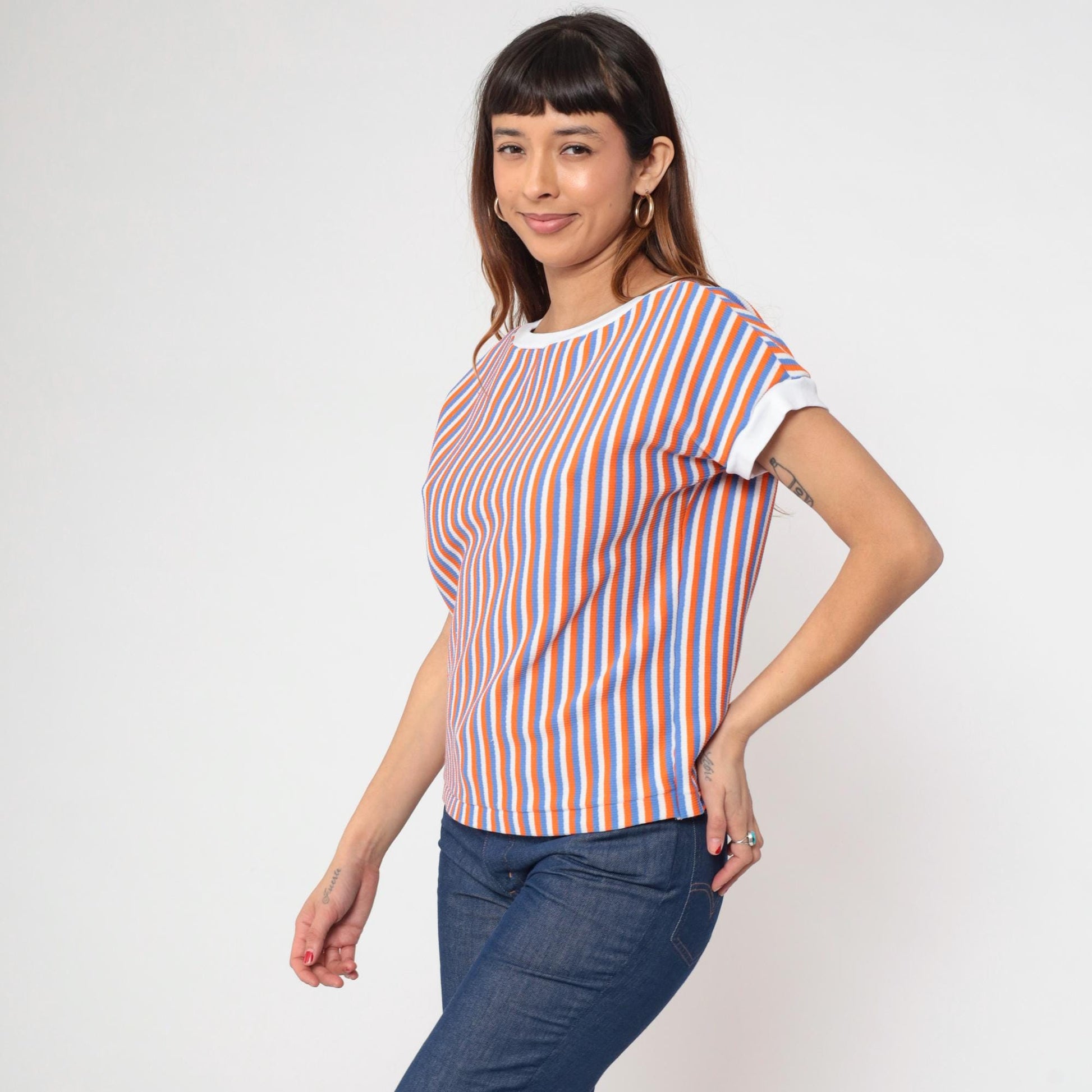 80s Striped Ringer Tee White Orange Blue Cap Sleeve Shirt Medium