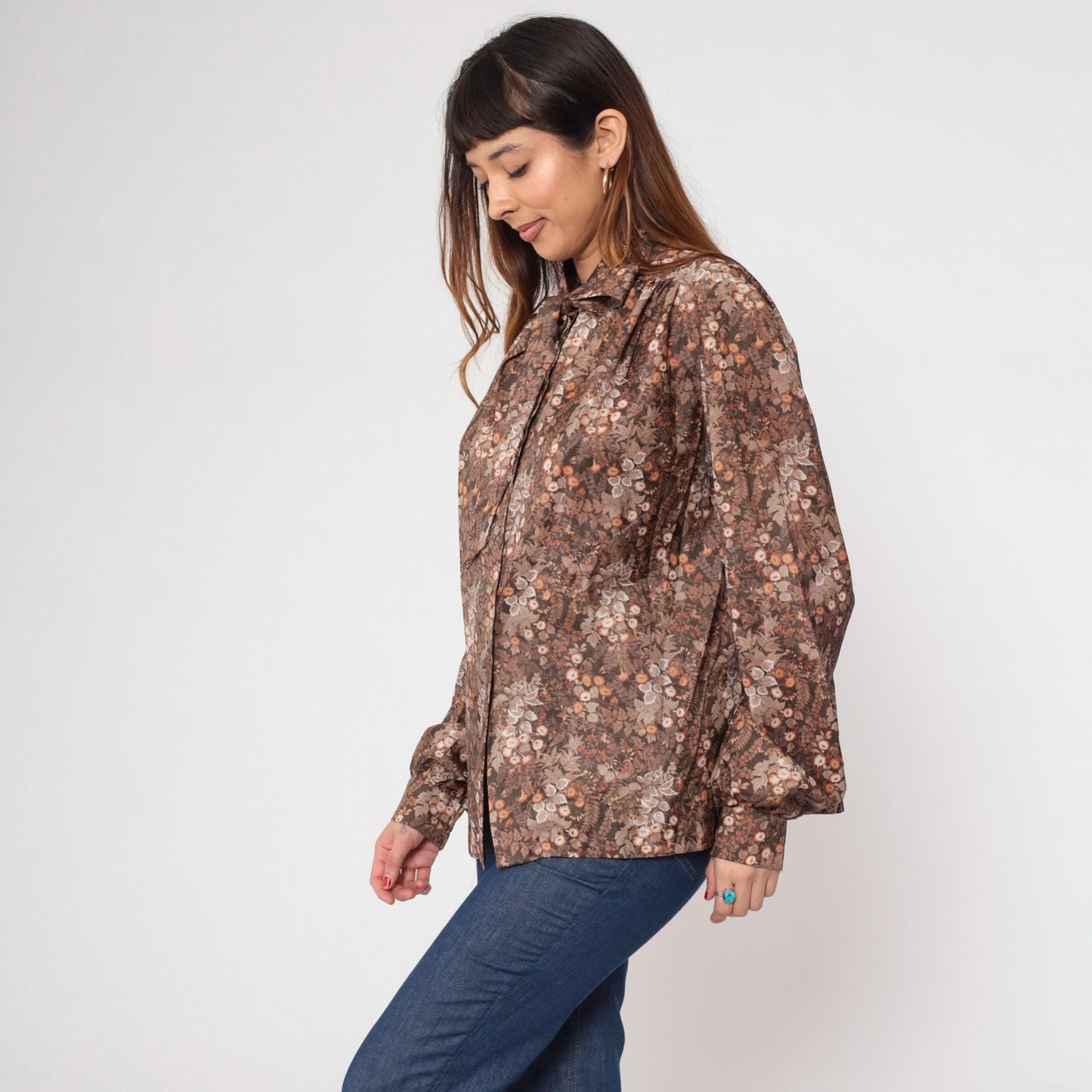 70s Brown Floral Ascot Blouse Button-Up Long Sleeve Large L