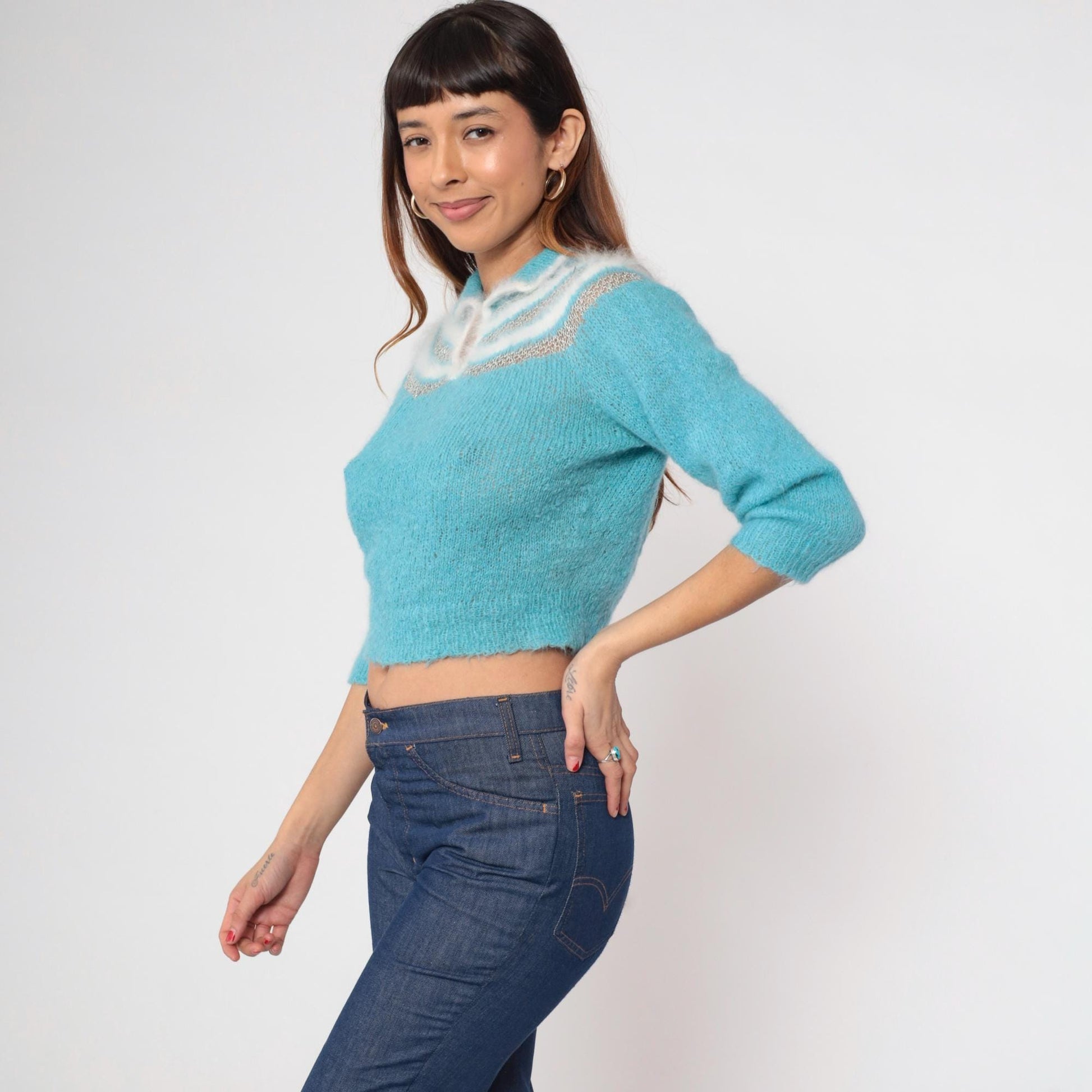 80s Blue Cropped Knit Sweater Keyhole Neckline Openwork Pullover Extra Small