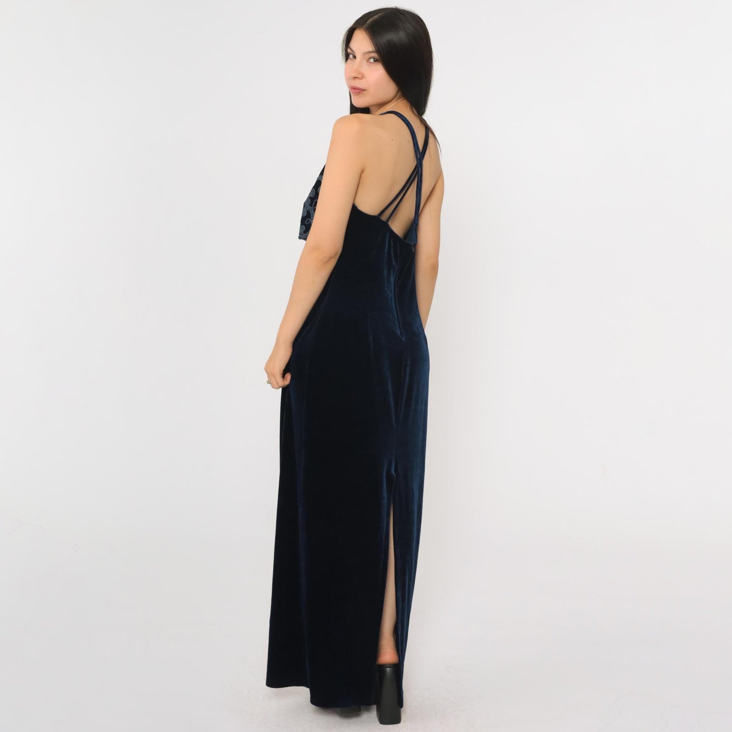 90s Blue Velvet Maxi Dress Spaghetti Strap Glitter Soutache Medium