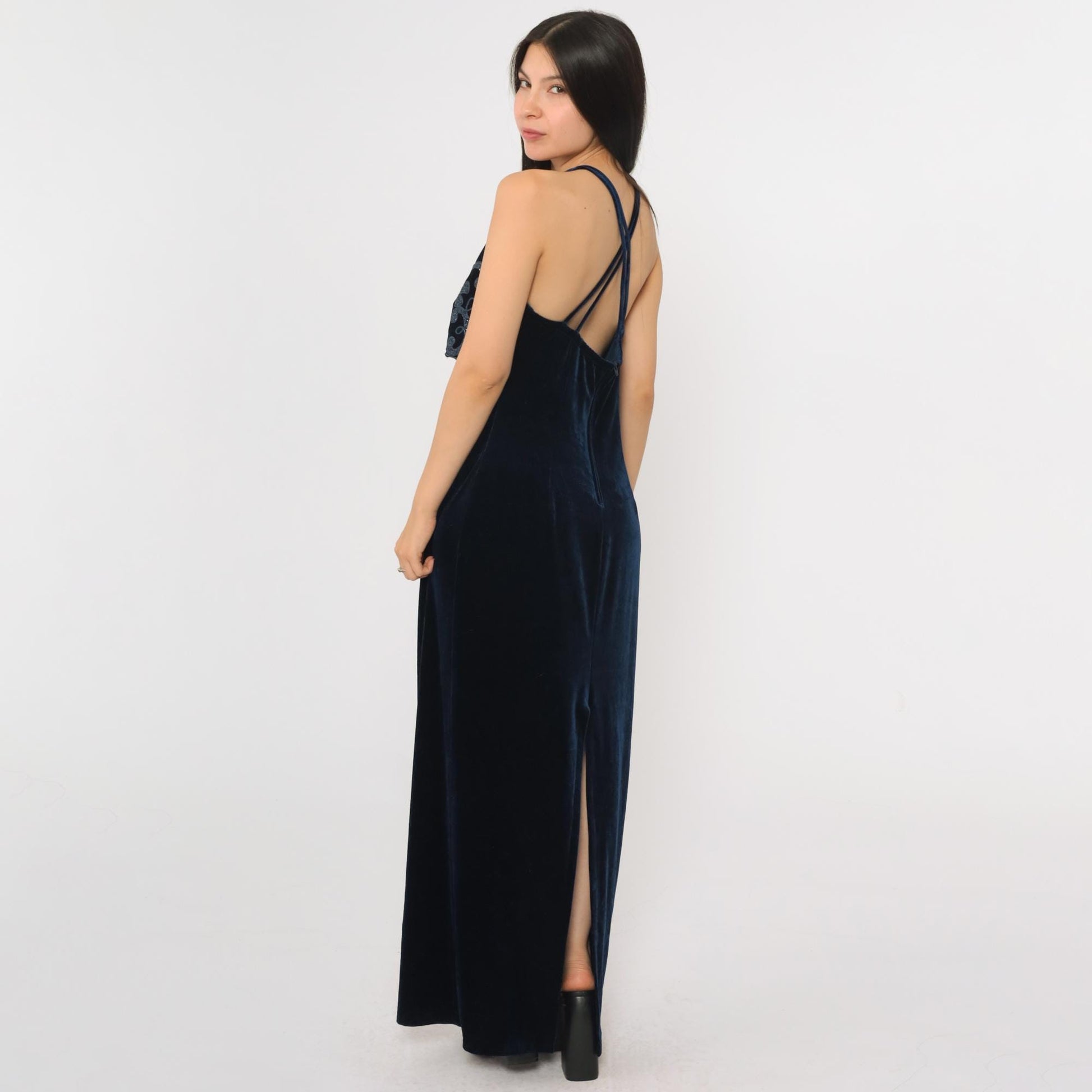 90s Blue Velvet Maxi Dress Spaghetti Strap Glitter Soutache Medium