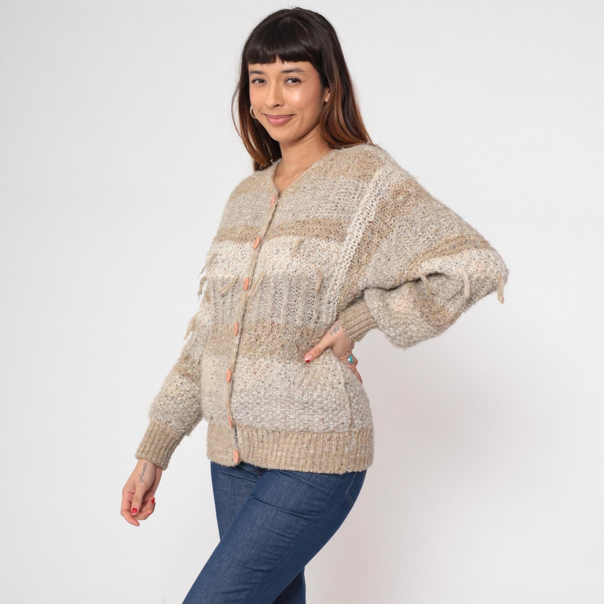 80s Sideffects Striped Cardigan Tan Grey Fringe Knit Small