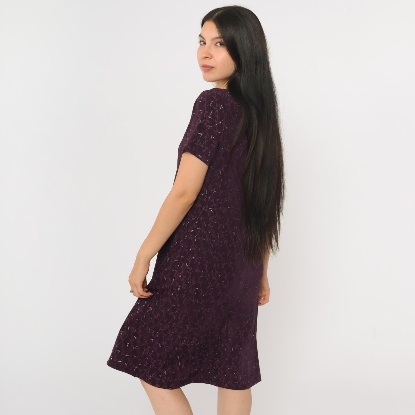 90s AGB Purple Floral Glitter Dress Knee-Length Short Sleeve Large L