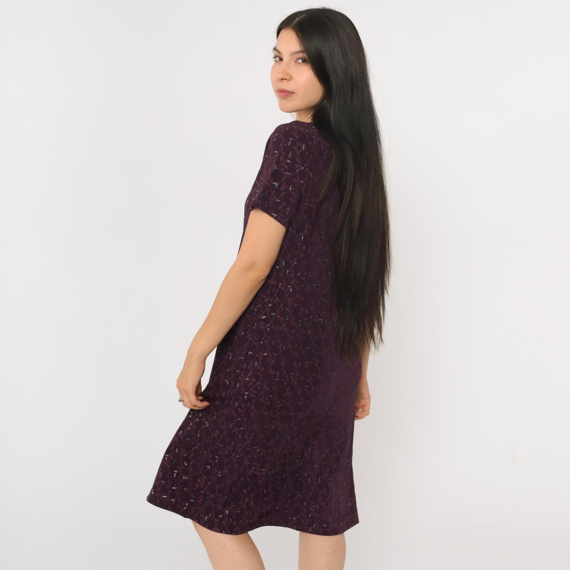 90s AGB Purple Floral Glitter Dress Knee-Length Short Sleeve Large L