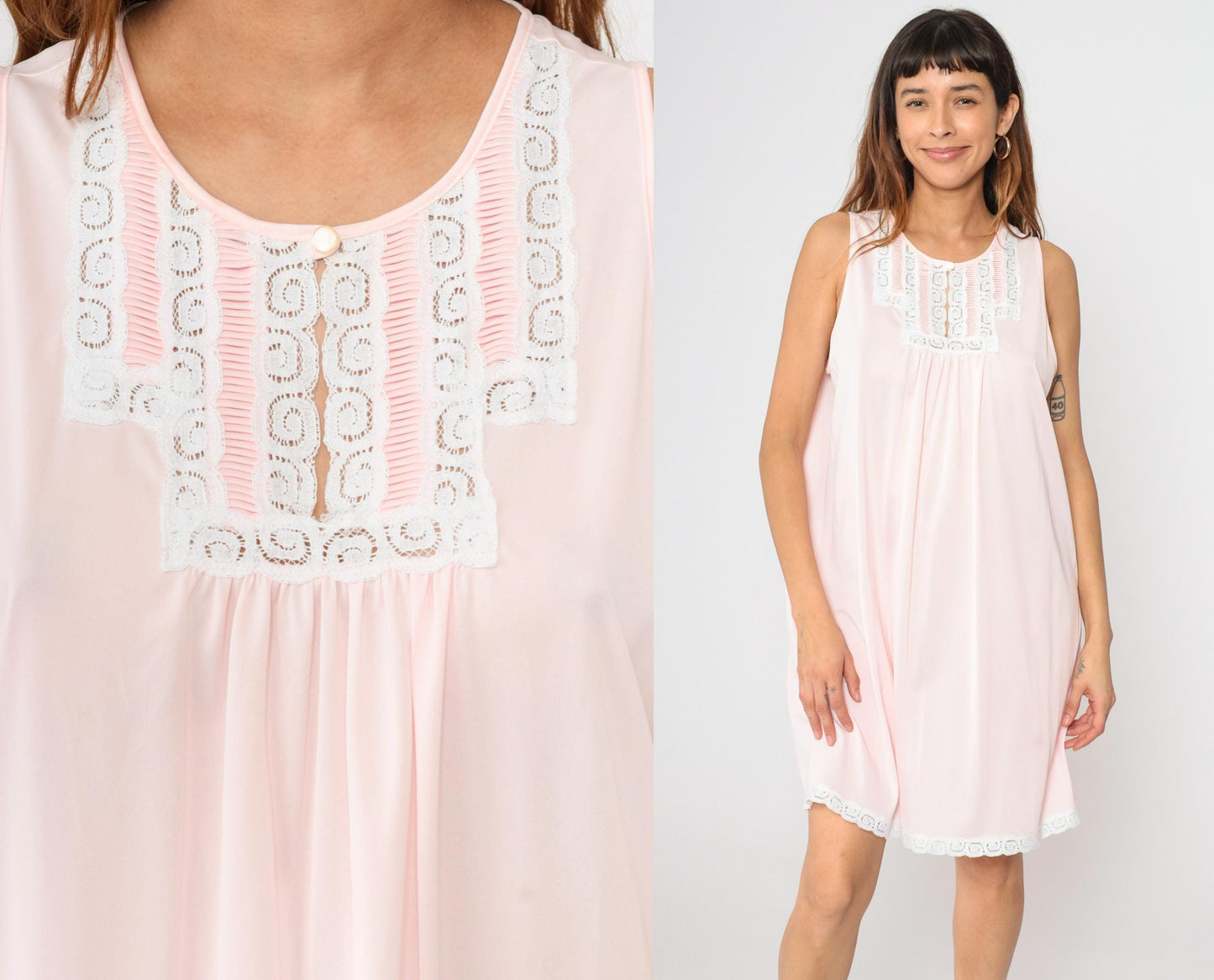 70s Baby Pink Nylon Nightgown & Robe Set Lace Trim Mini Large L