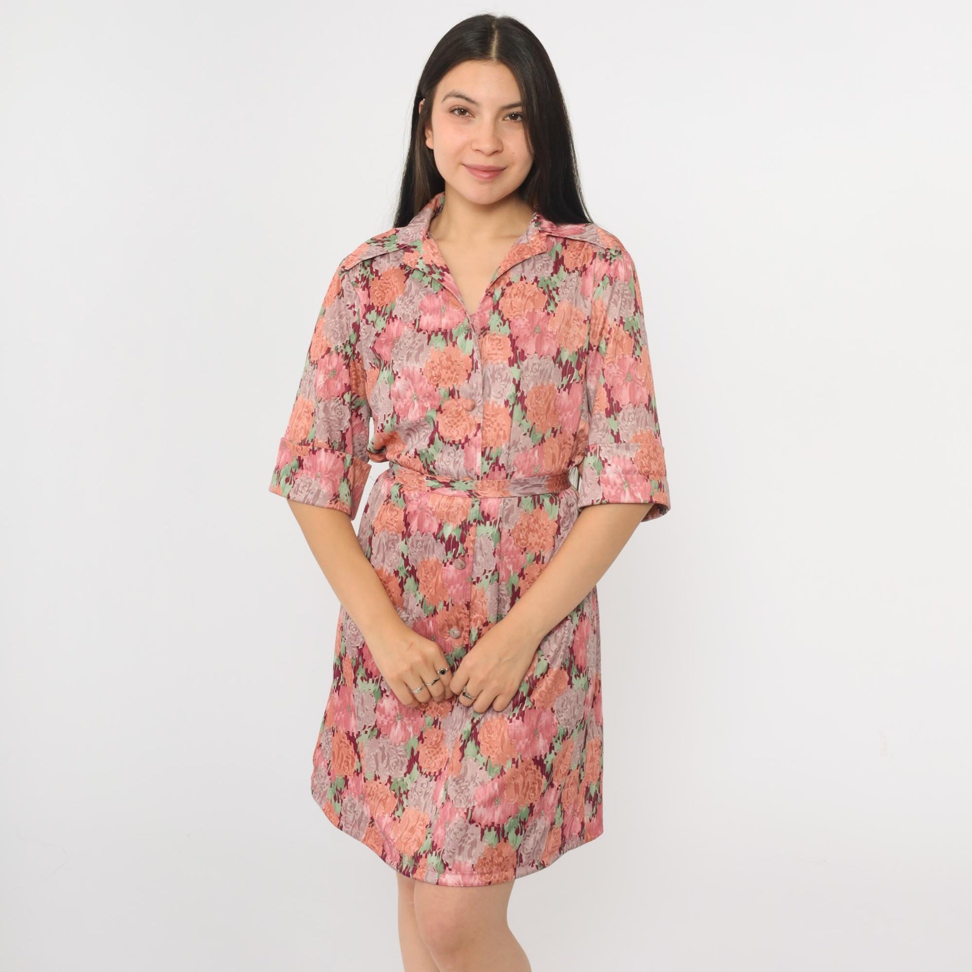 70s Pink Floral Shift Mini Dress Button-Up Half Sleeve Tie Belt Extra Large