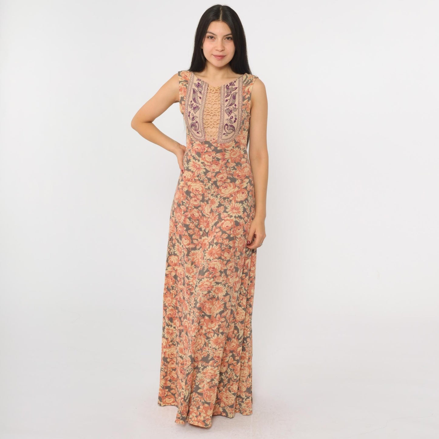 70s Floral Maxi Dress Embroidered Birds Keyhole Lace Sleeveless Grey Orange Extra Small